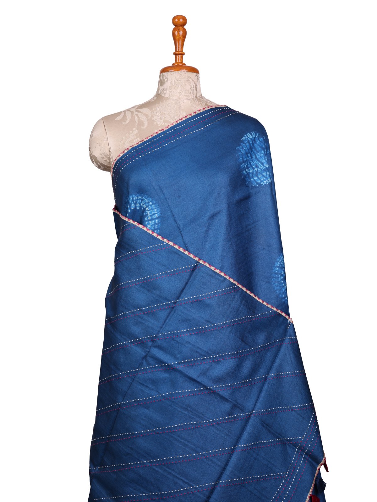 Blue Shibori Tussar Silk Saree With Kantha Embroidery