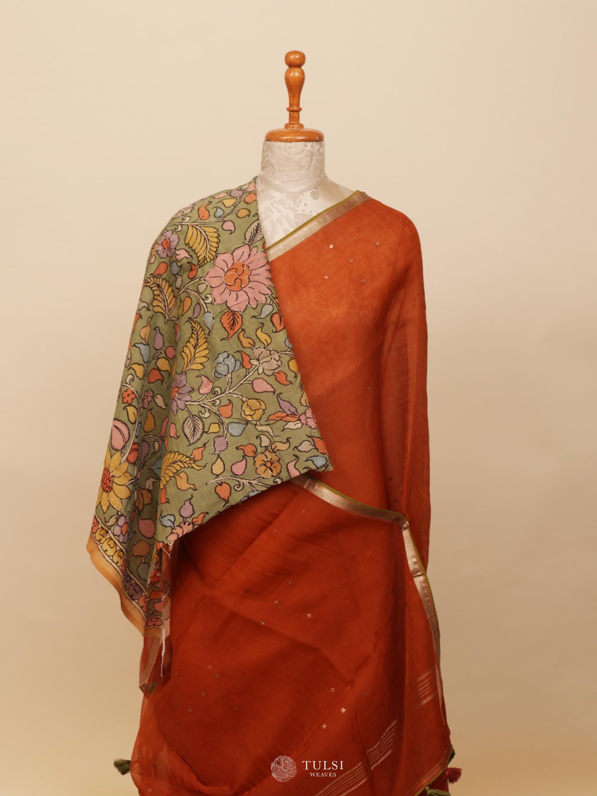 Rust Orange Organza Saree With Kalamkari Blouse
