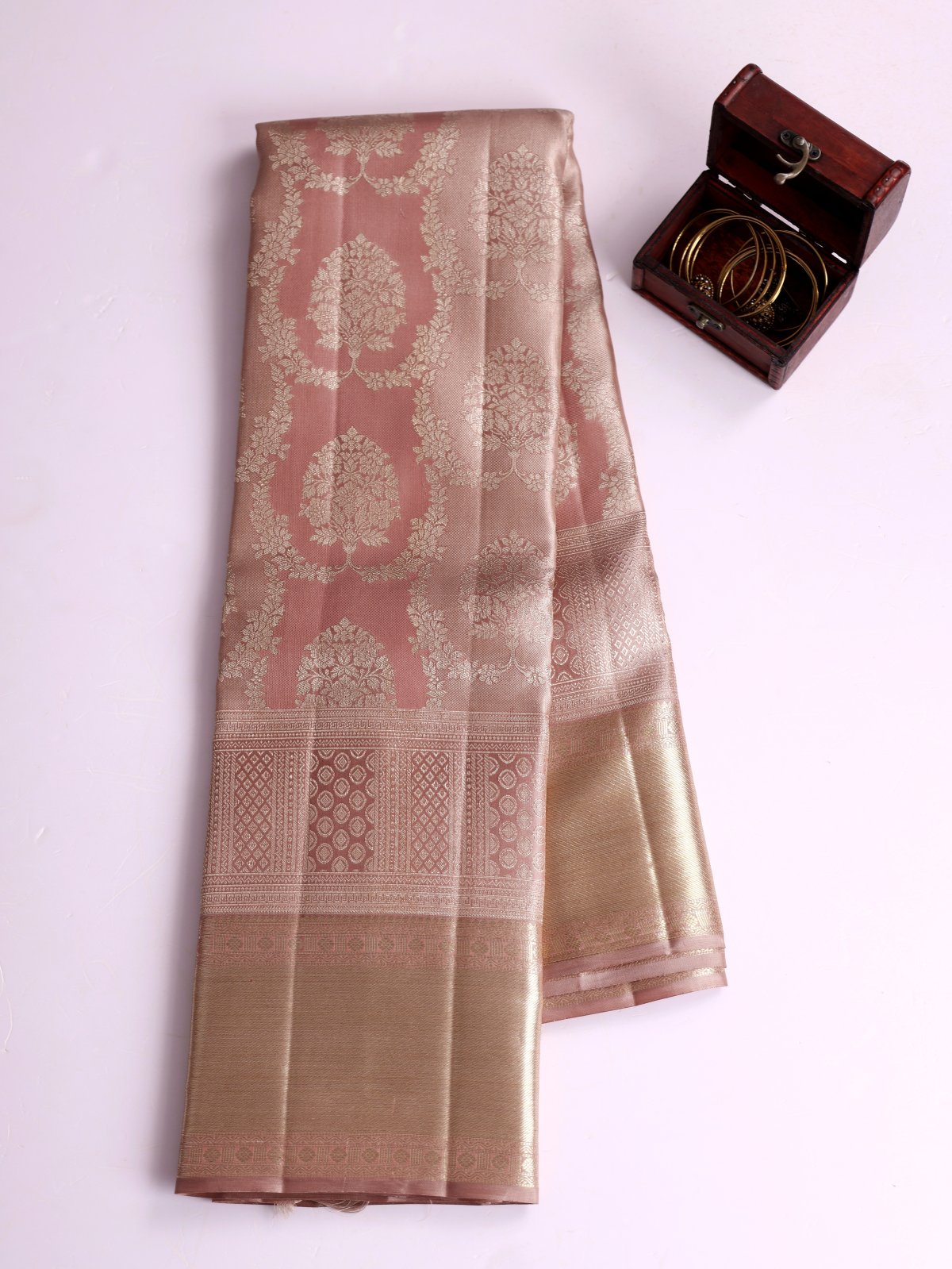 Pinkish Brown Brocade Kanjeevaram Silk Saree With Zari Border