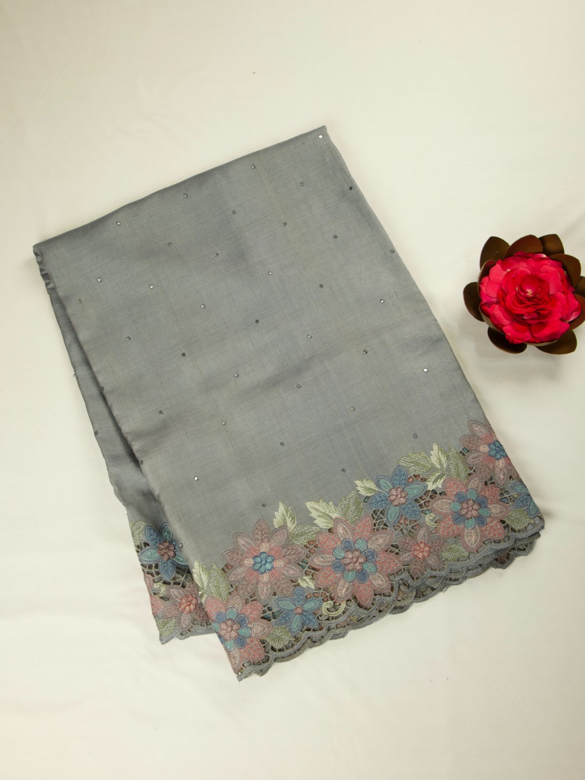 Grey Tussar Silk Saree with Floral Embroidery Border