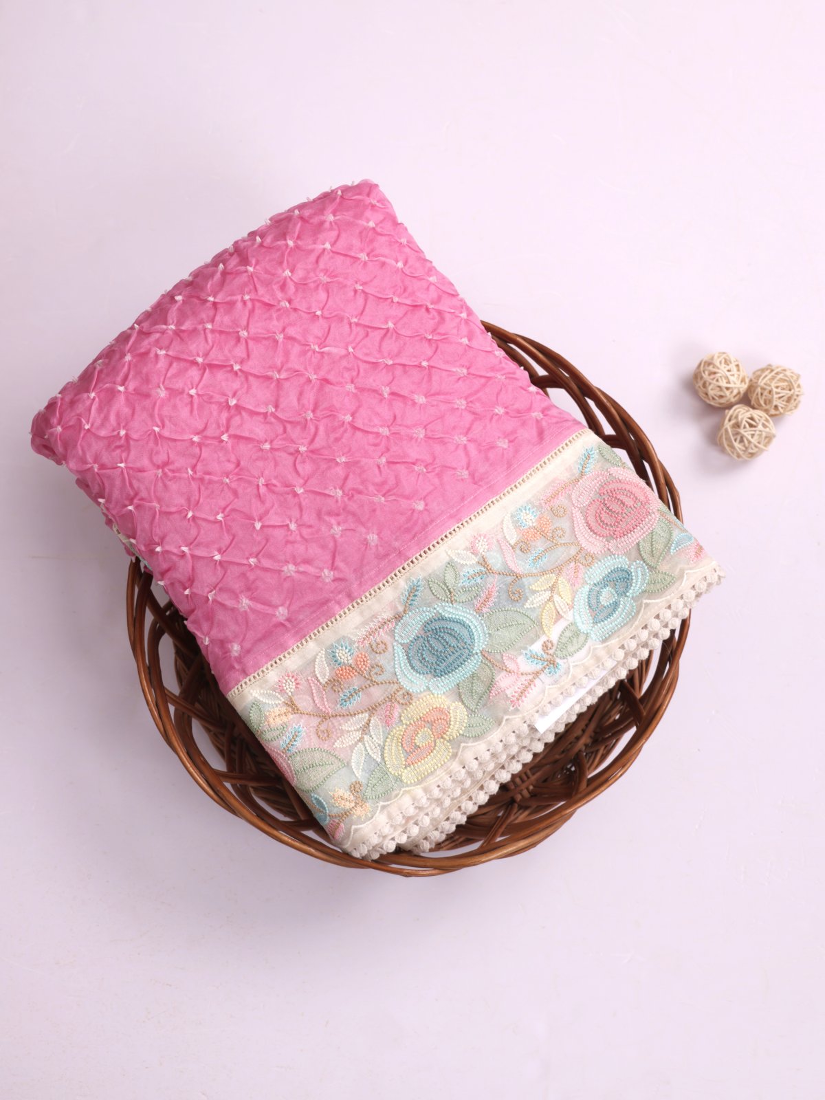 Light Pink Bandhini Organza Silk Saree with Embroidered Border
