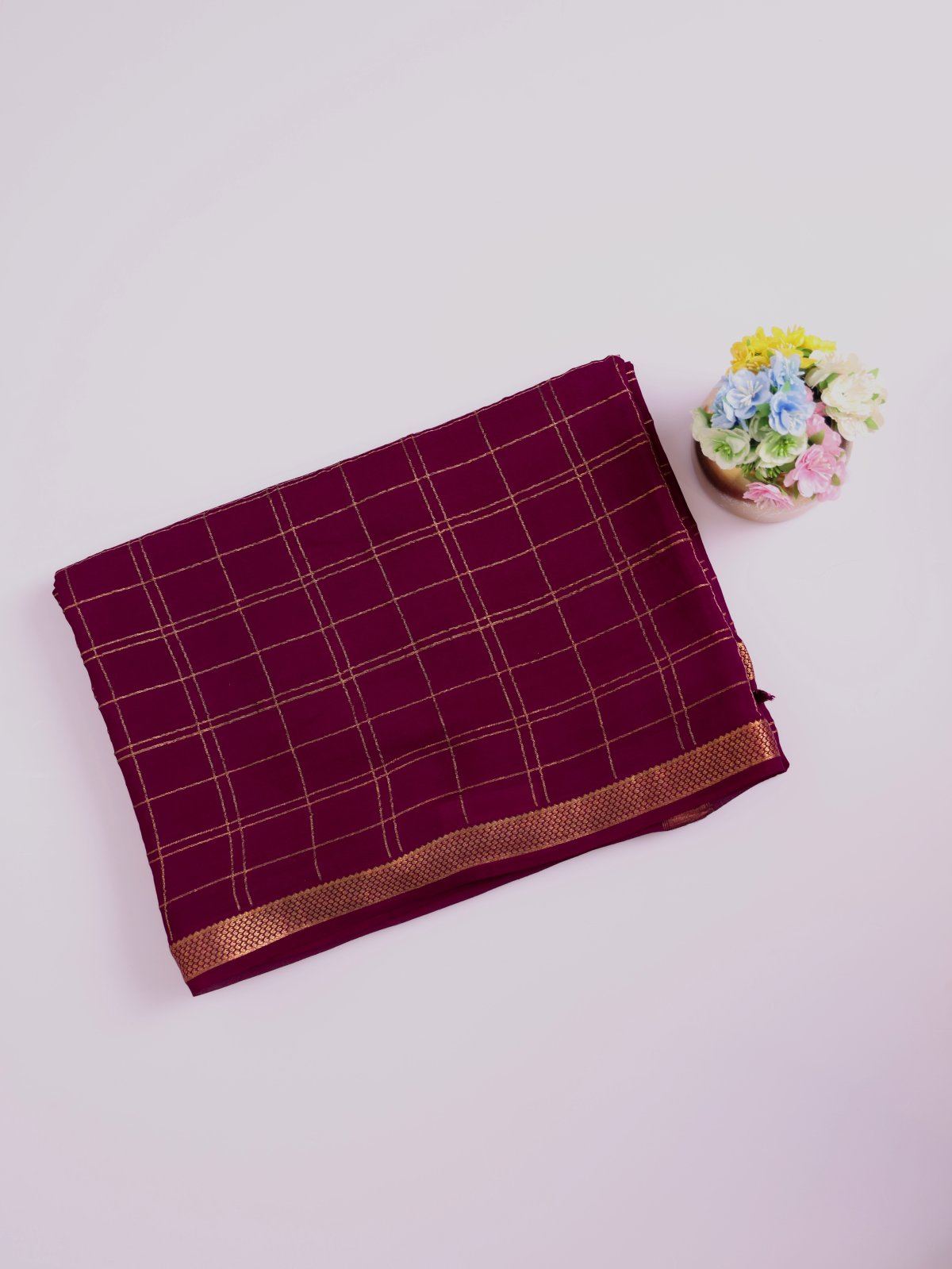 Purple Checked Mysore Crepe Silk Saree