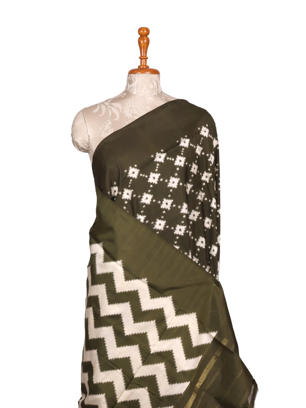 Dark Olive Green Ikat Silk Saree