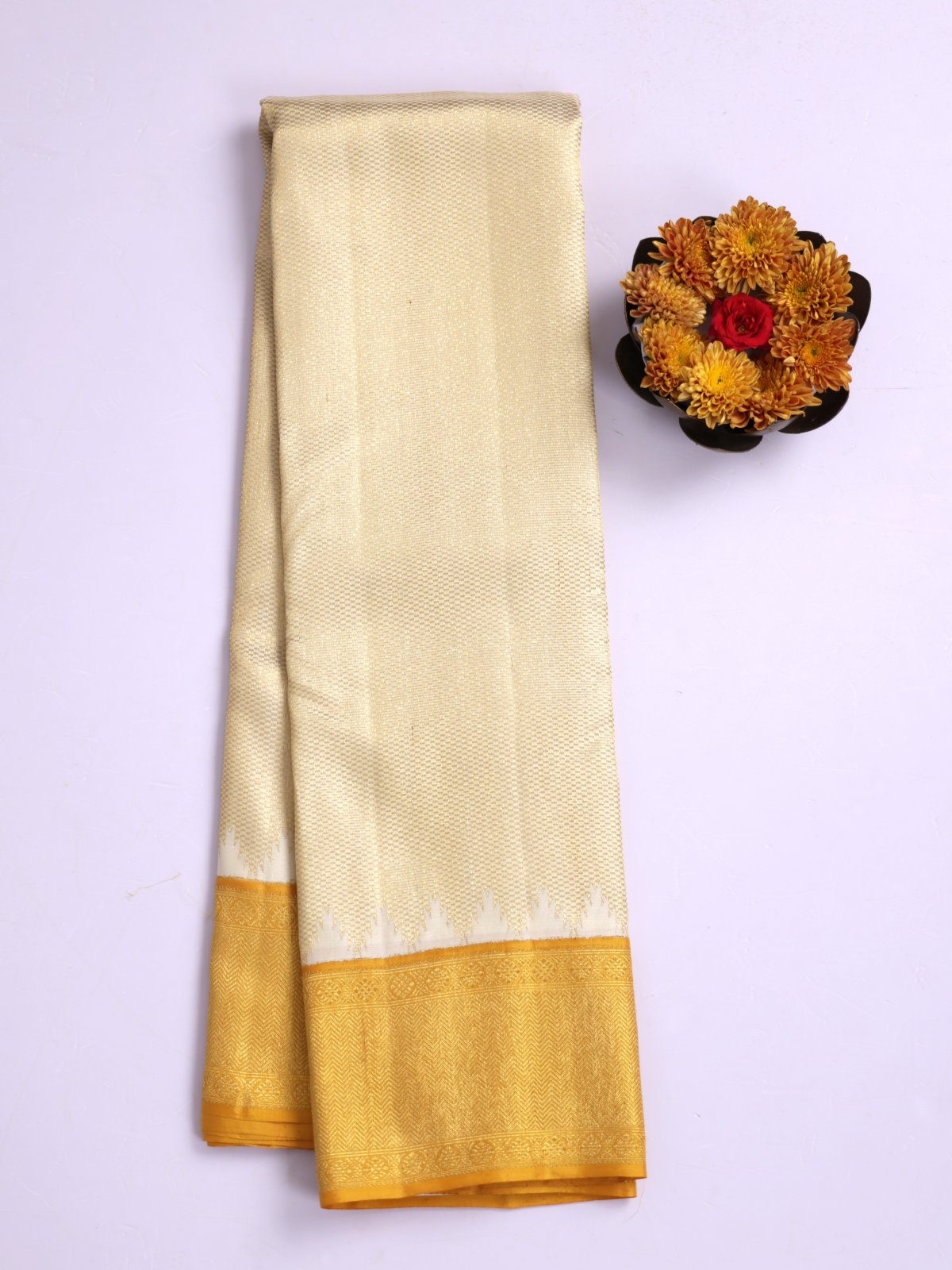 Off- White Zari Brocade Kanjeevaram Silk Saree With Mustard Yellow Border