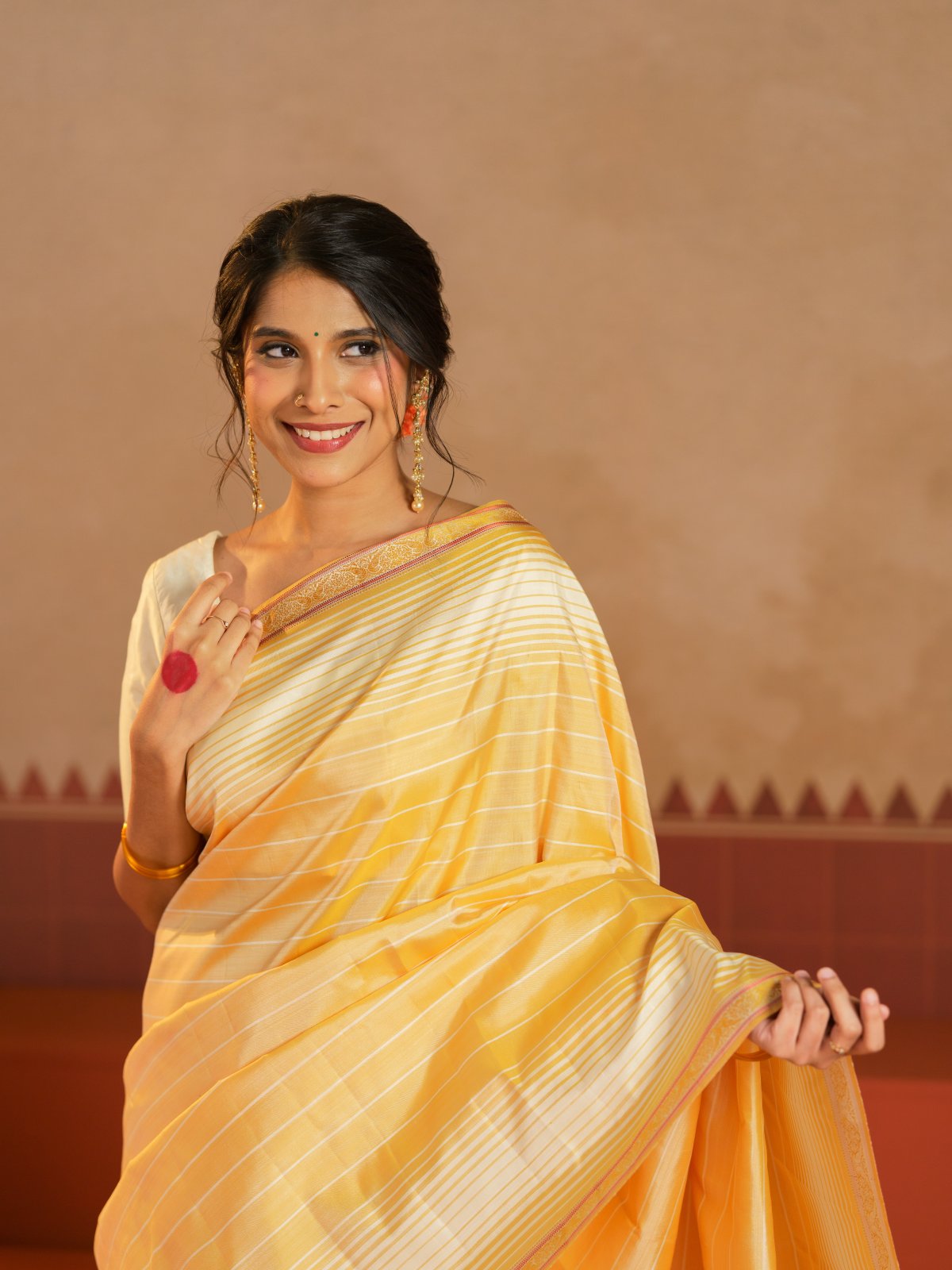 Crafted 17 - Pastel Yellow and Off White Striped Kanjeevaram Silk Saree