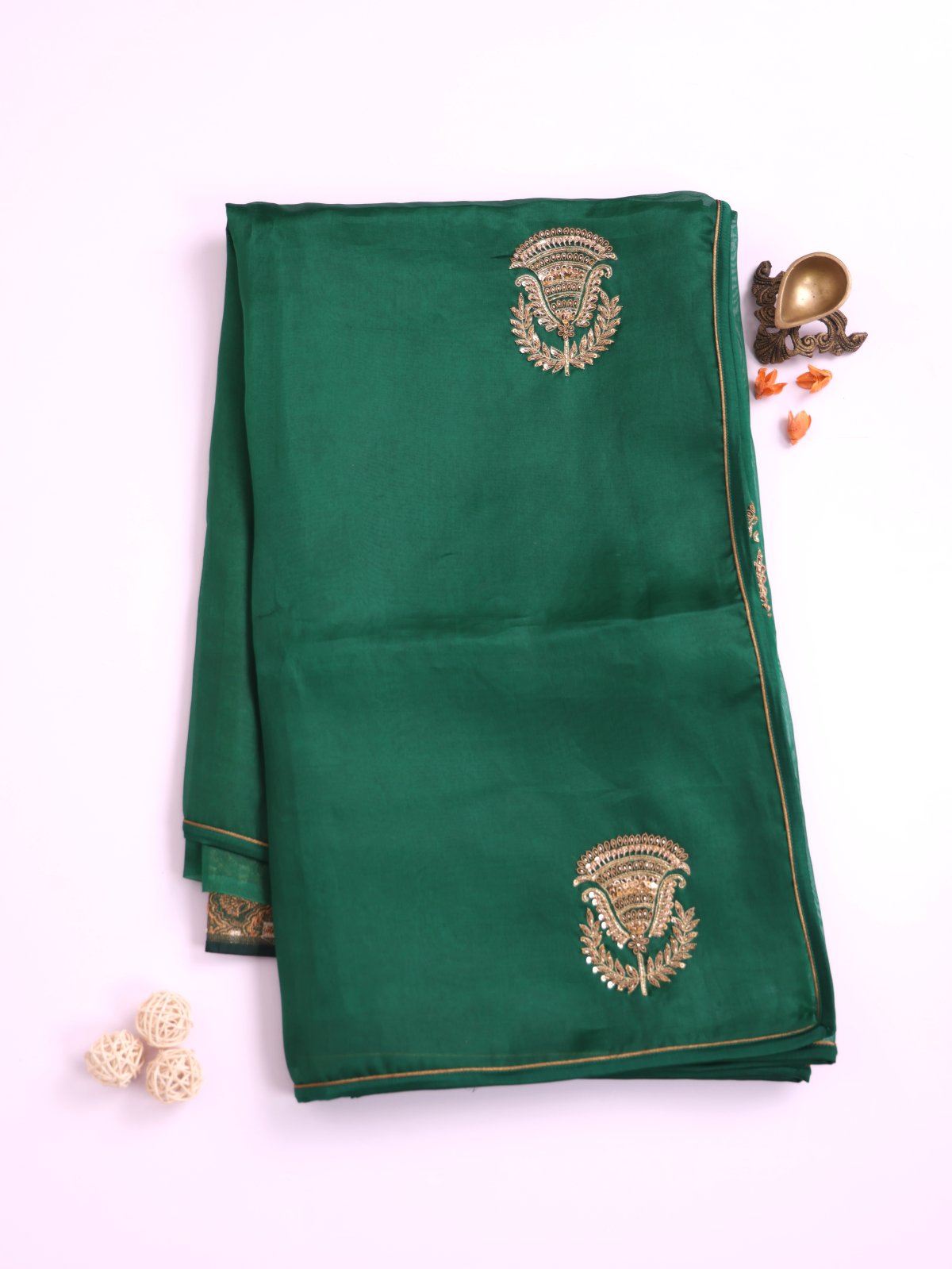 Bottle Green Embroidered Organza Silk Saree 