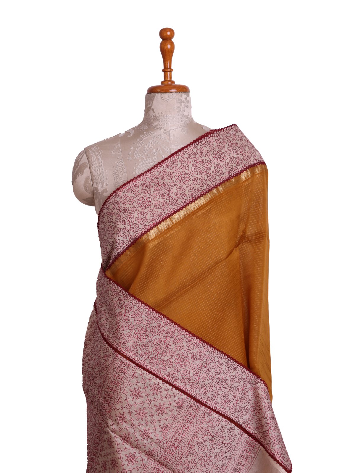 Dark Mustard Organza Silk Saree With Beige Border