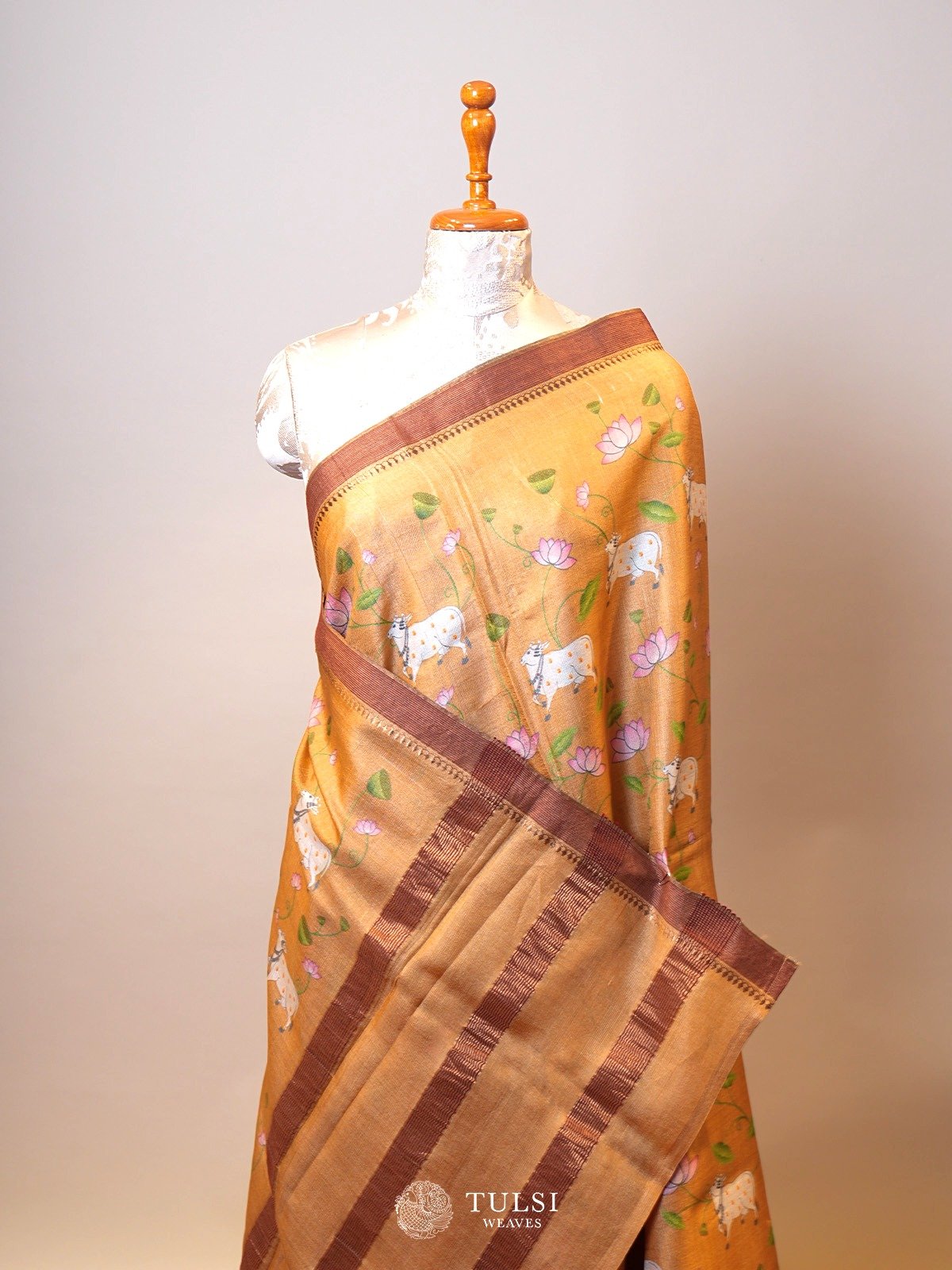 Orangish Brown Printed Tussar Silk Saree