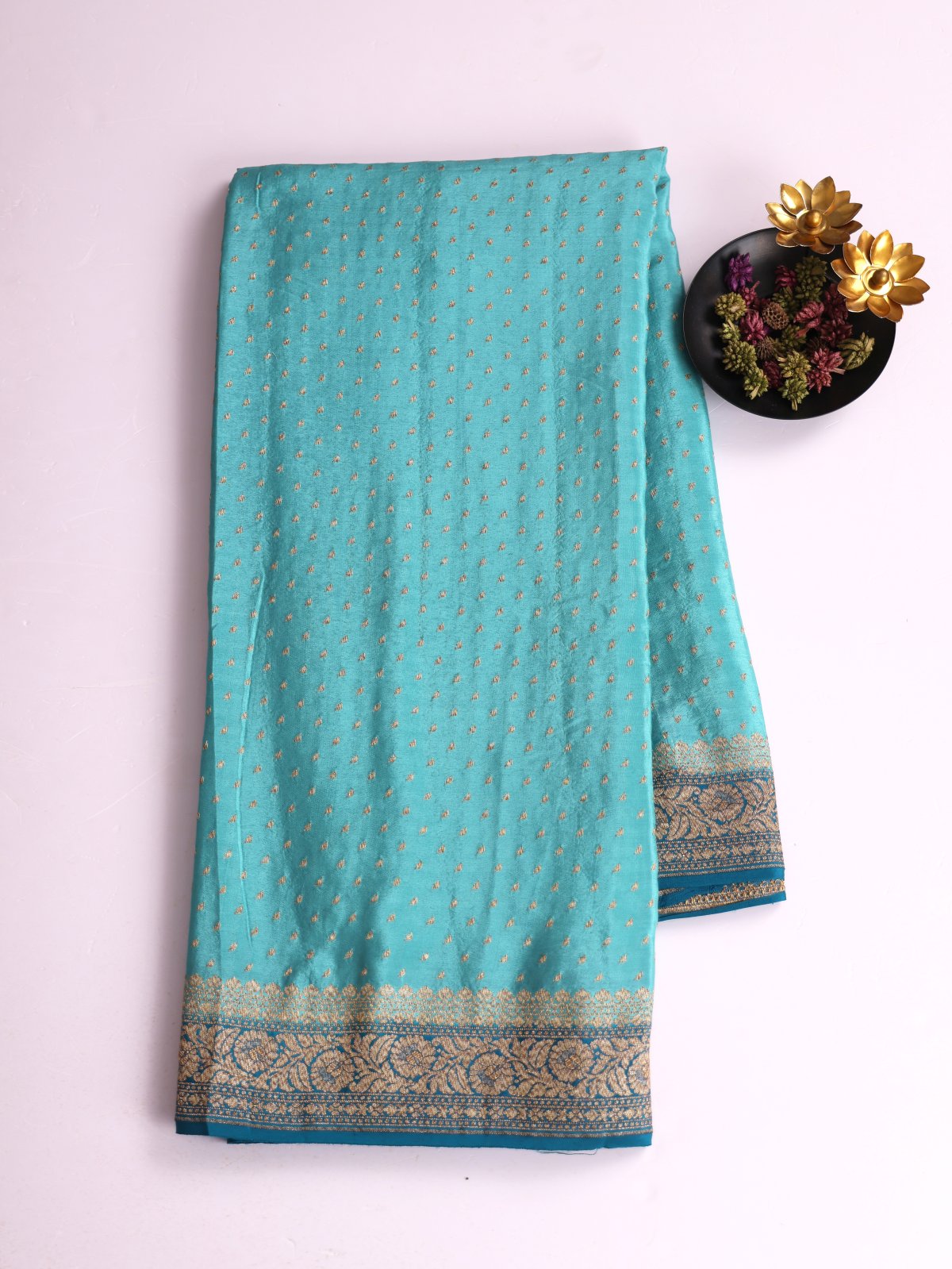 Light Blue Banaras Crepe Silk Saree With Peacock Blue Border 