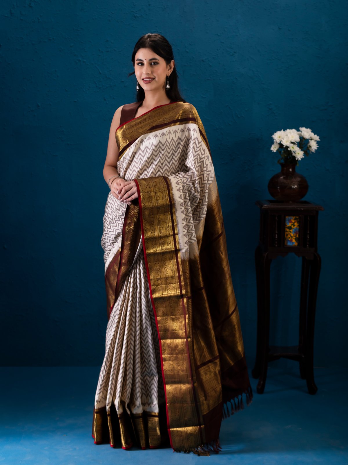 Off-White Patola Silk Saree with Brown Border