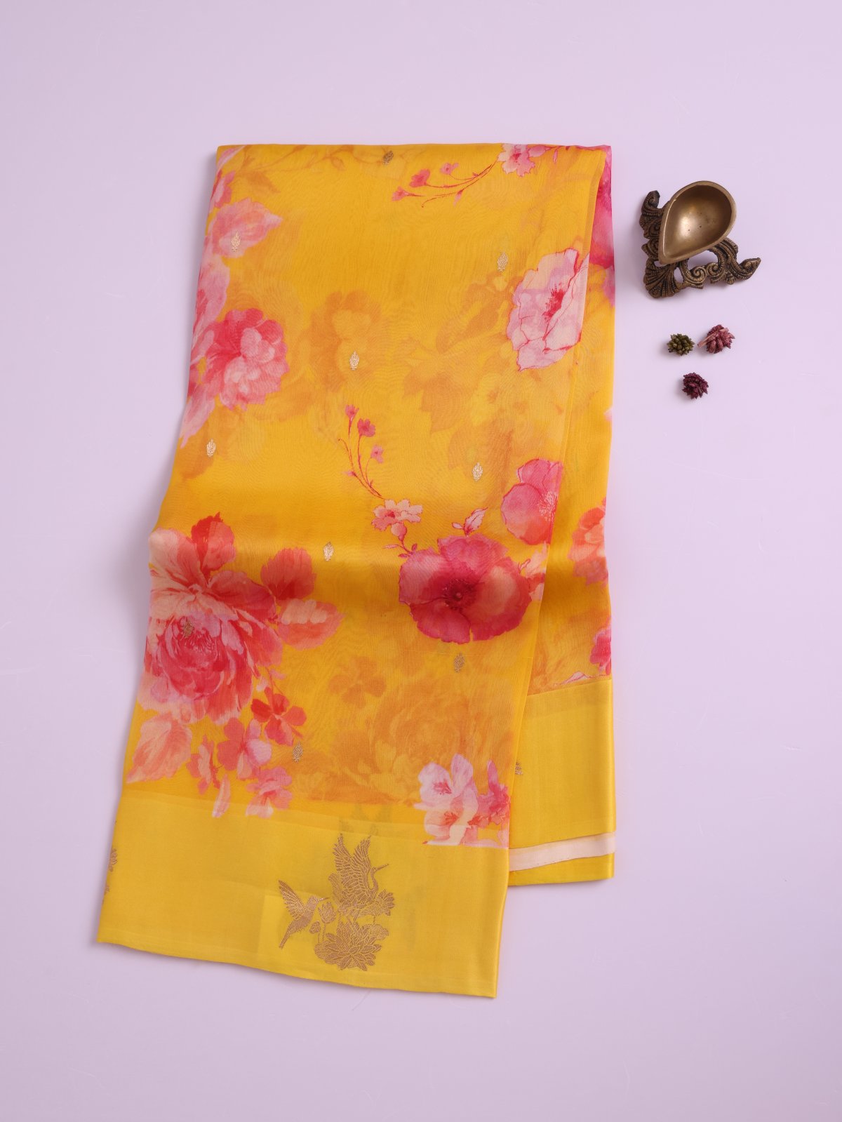Yellow Printed Organza Silk Saree with Self Satin Border