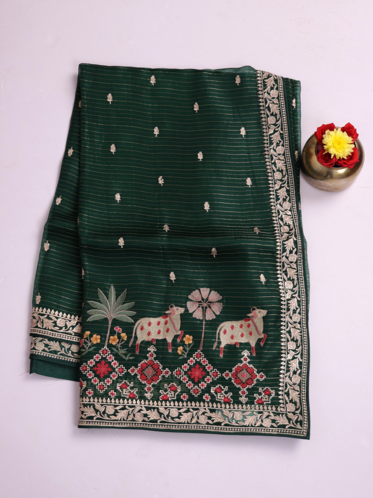 Bottle Green Zari Striped Organza Silk Saree With Embroidered Border