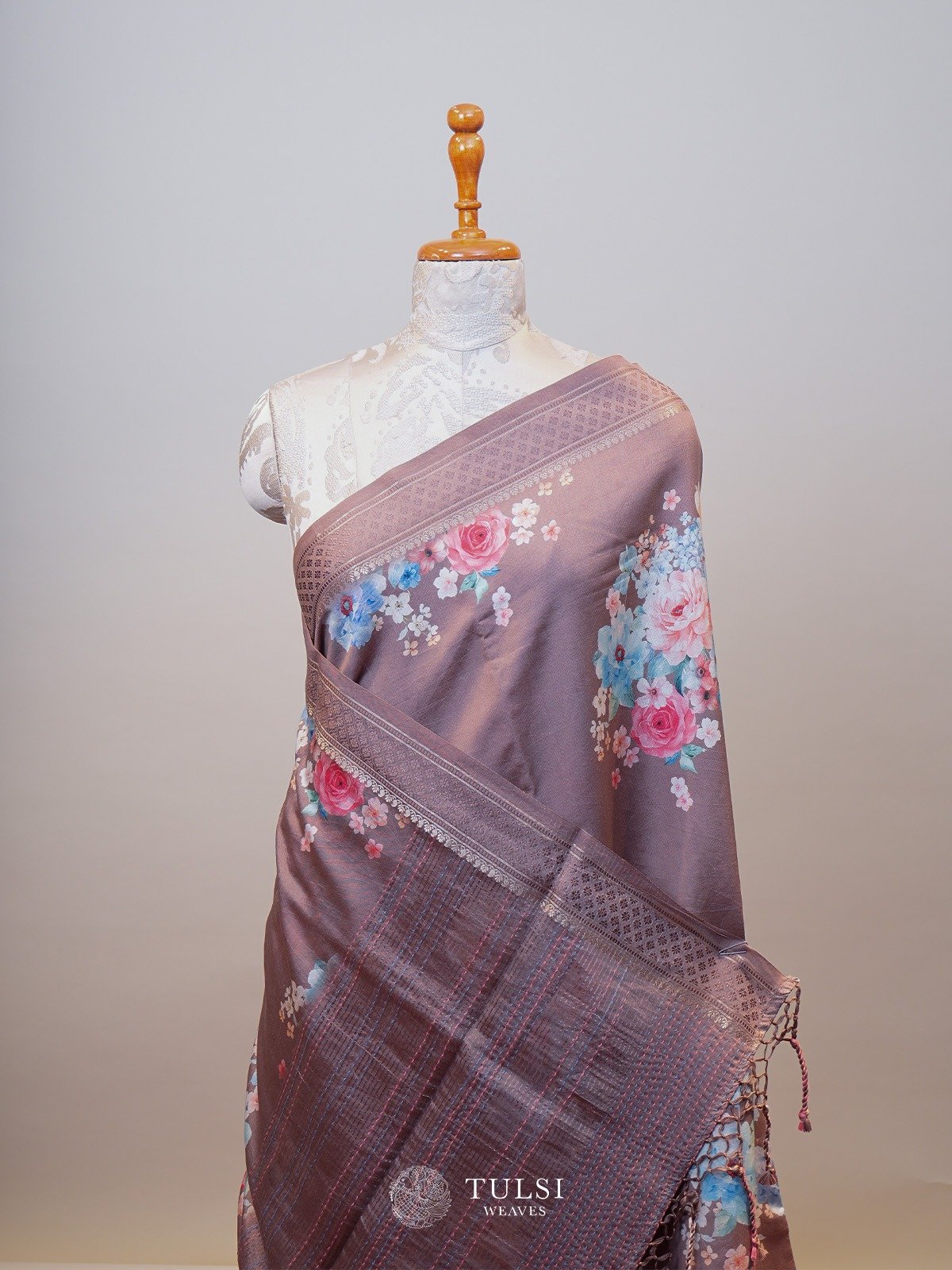 Brown Munga Printed Silk Saree