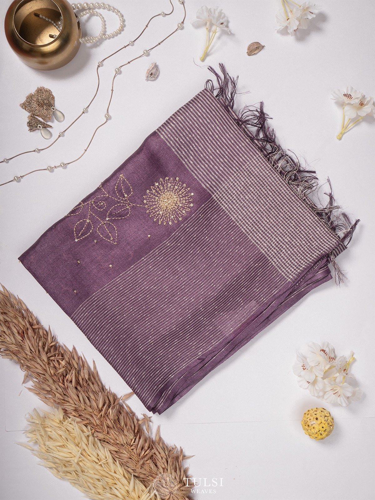 Wine Grape Tussar Silk Saree with Hand Embroidery