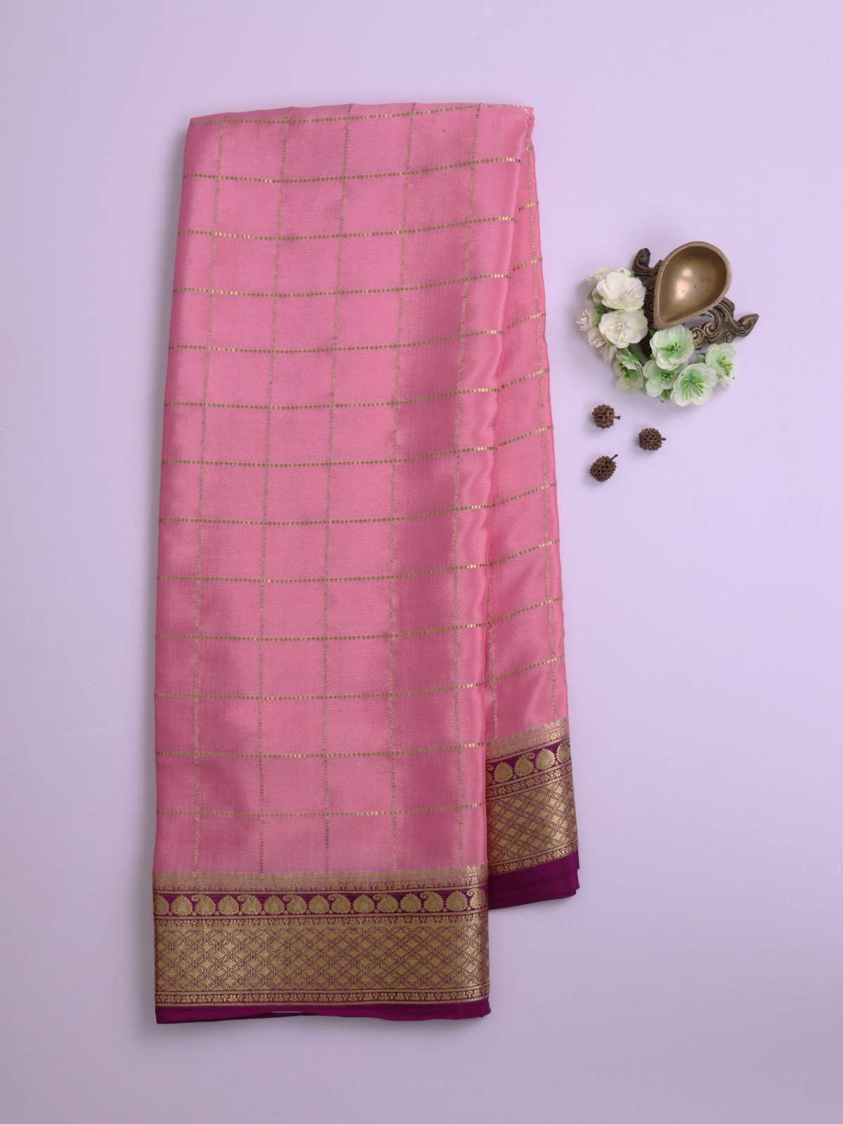 Light Pink Zari Checked Mysore Silk Saree With Purple Border