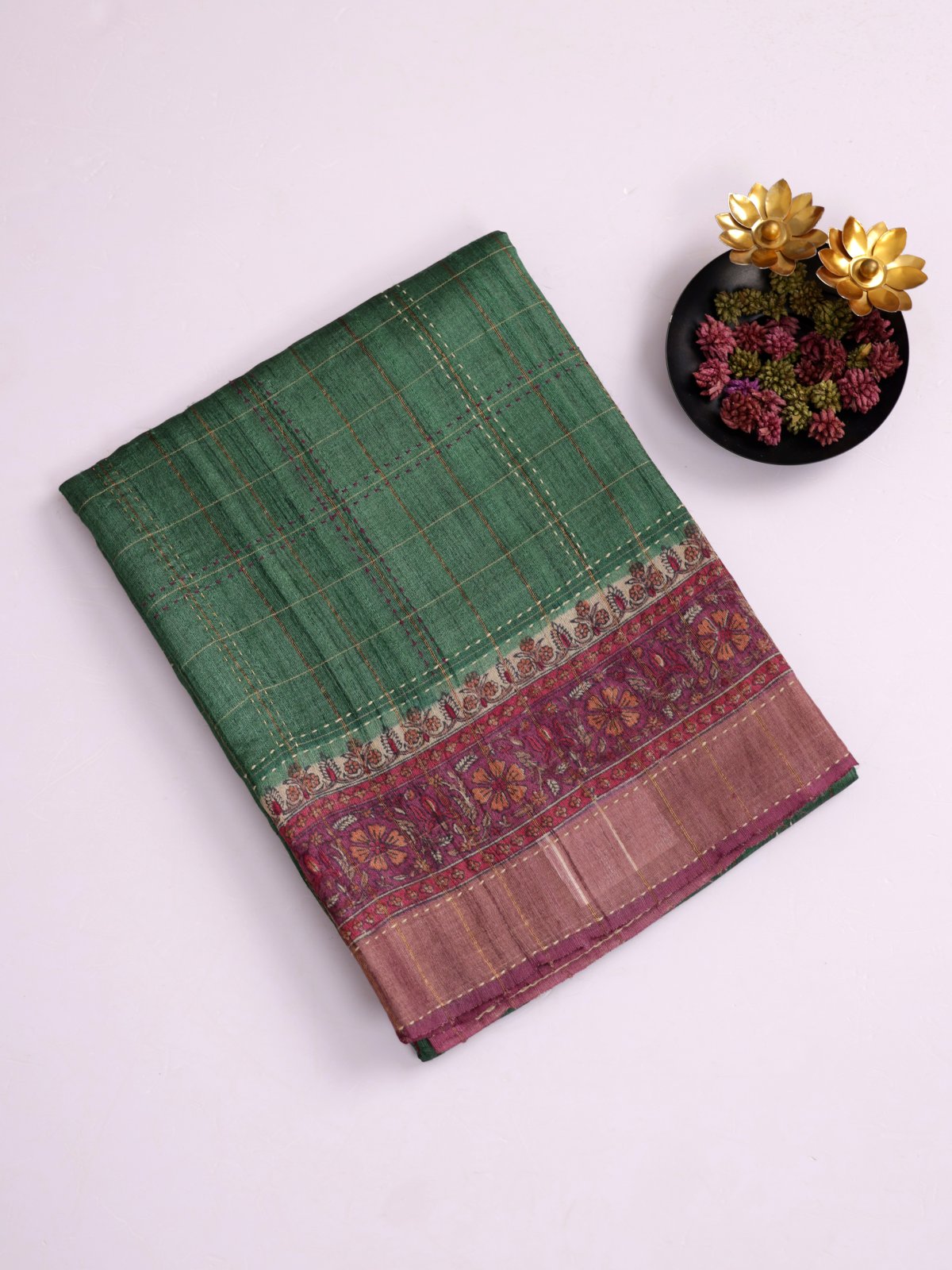 Green Zari Checked Printed Tussar Silk Saree with Kantha Embroidery