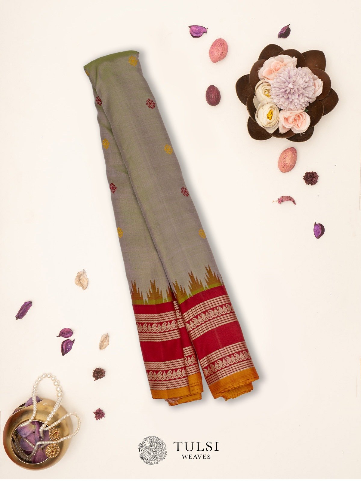 Grey Gadwal Silk Saree with Green hue