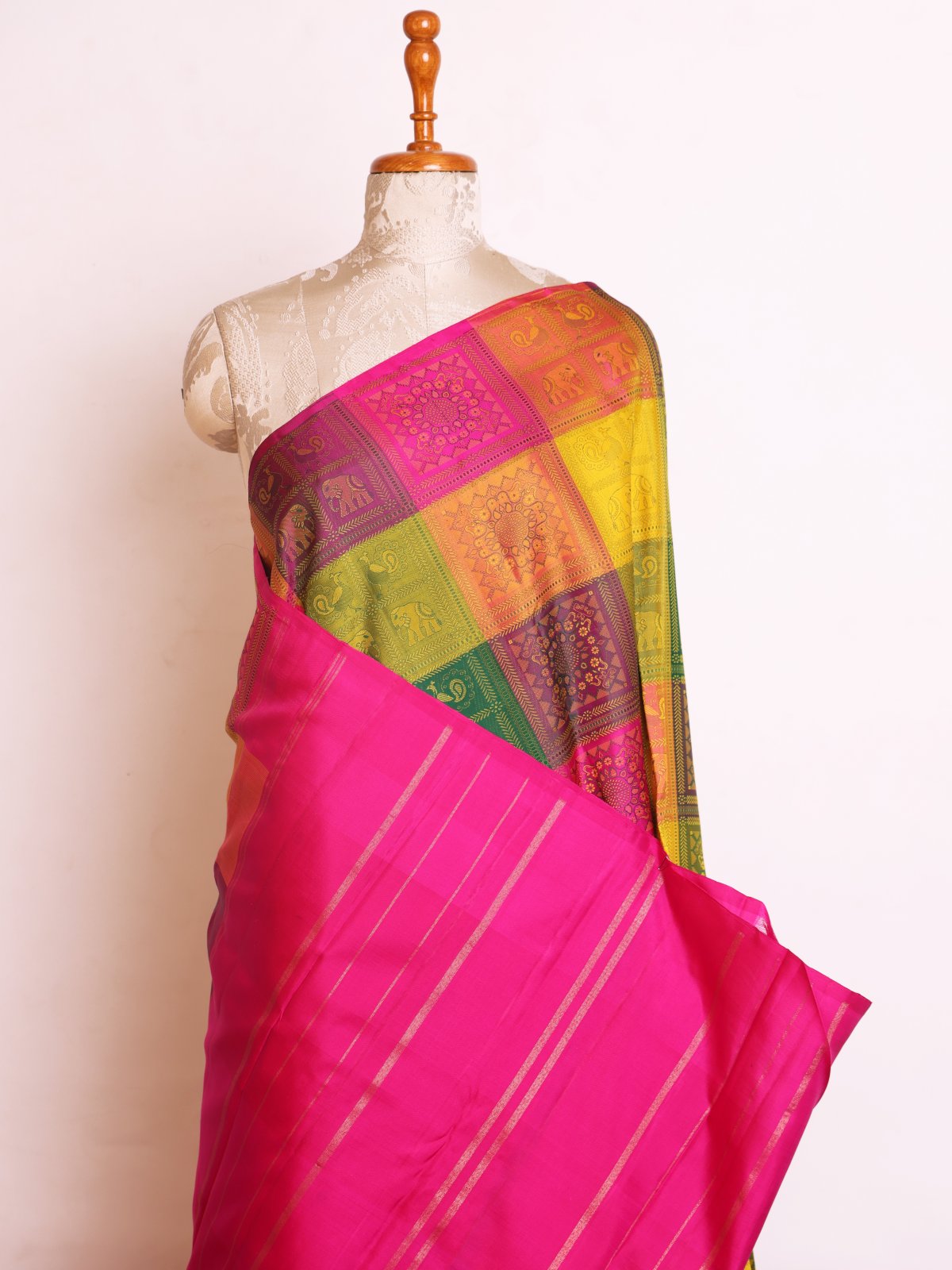 Multicolour Checked Threadwork Kanjeevaram Silk Saree