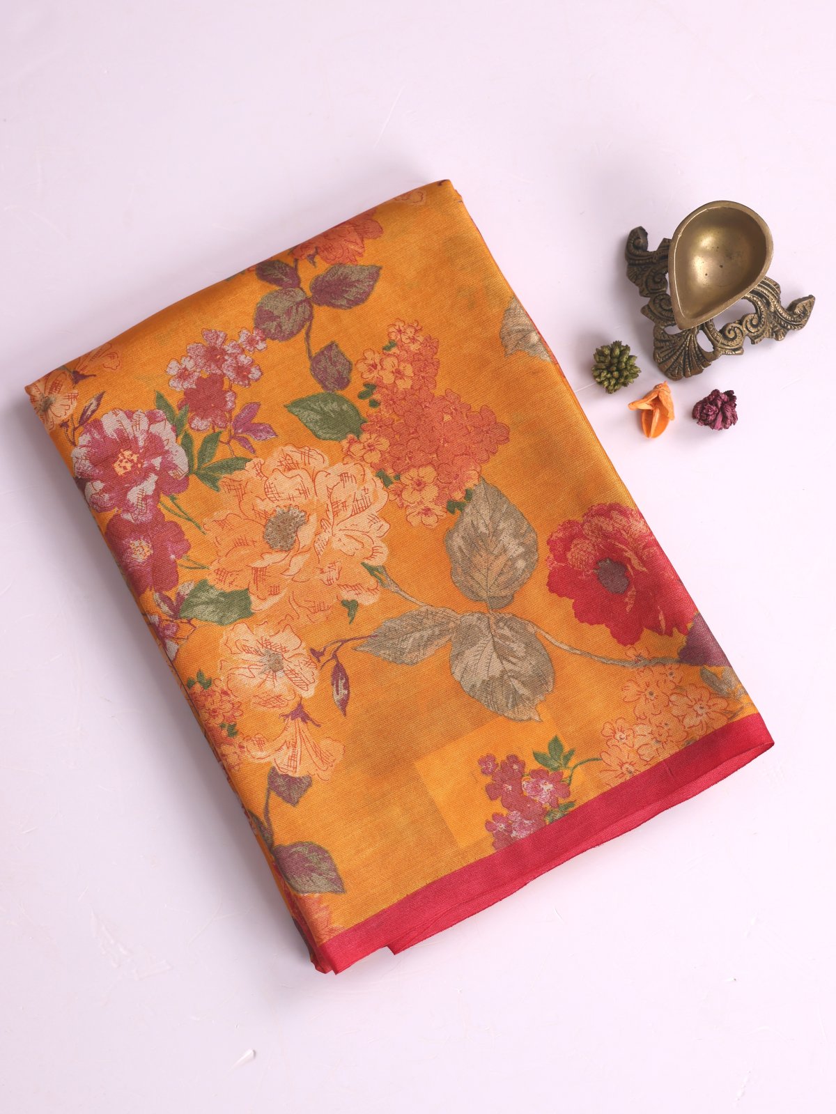 Yellowish Orange Printed Tussar Silk Saree