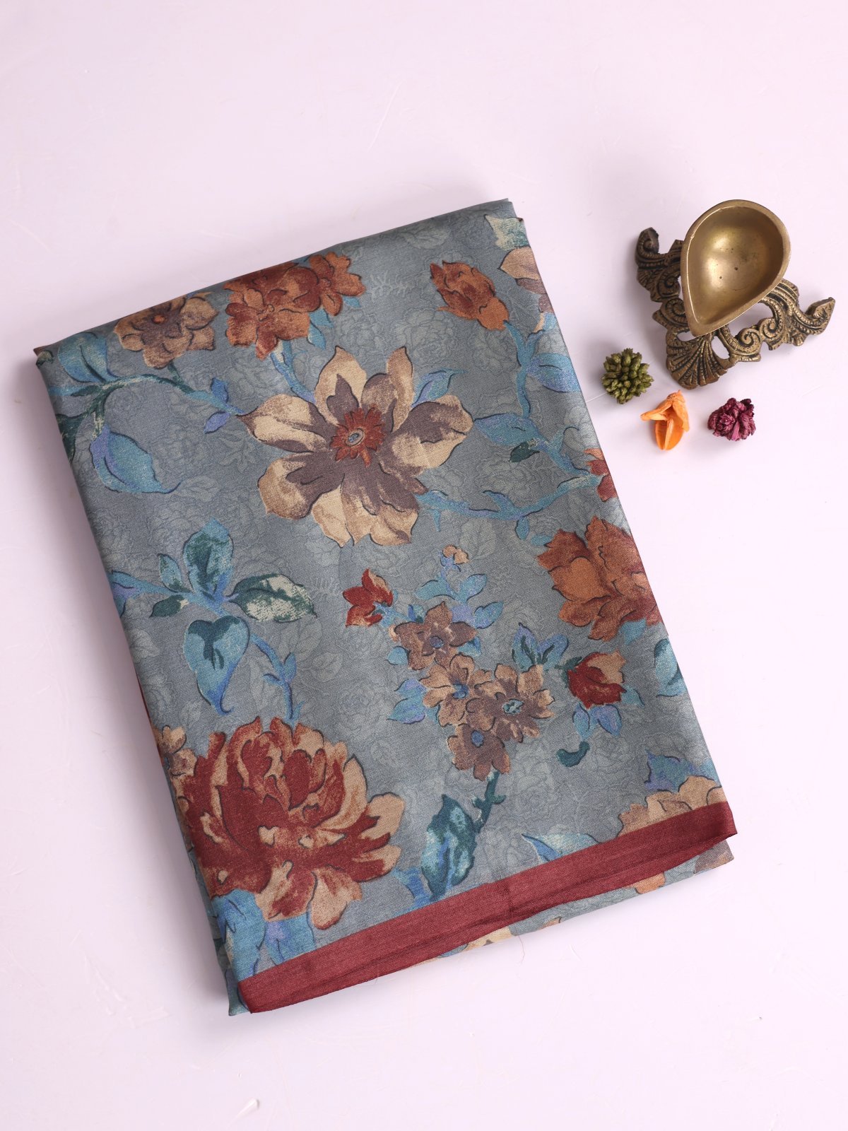 Grey Printed Tussar Silk Saree