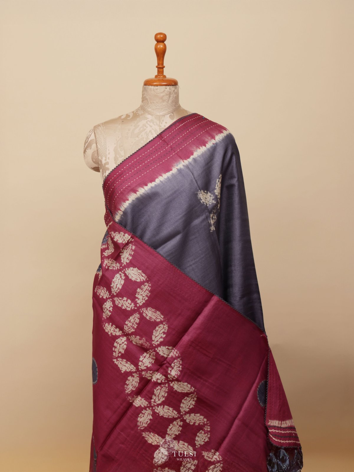 Dark Grey Shibori Tussar Silk Saree
