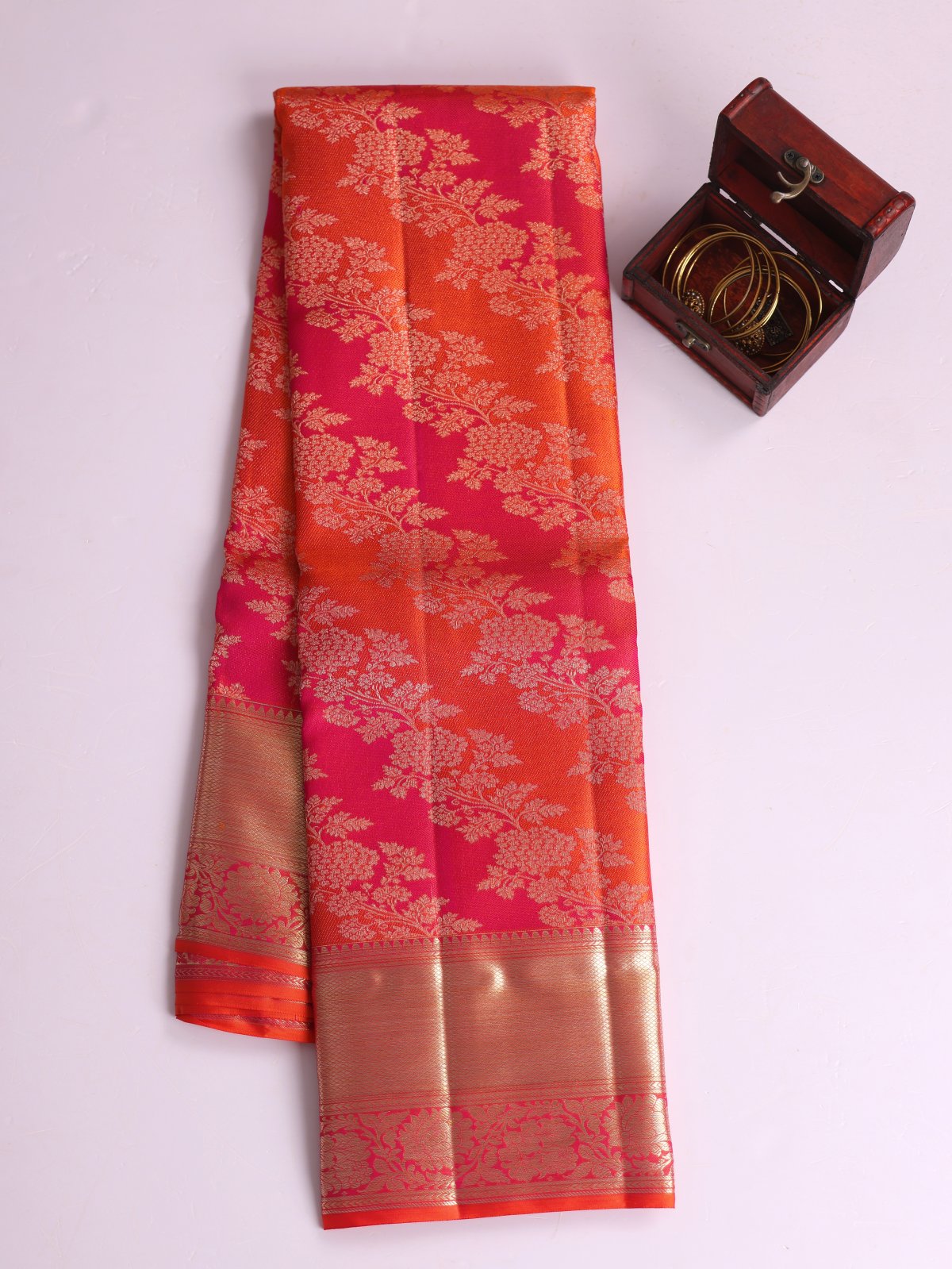 Orange And Pink Striped Kanjeevaram Silk Saree With Zari Border