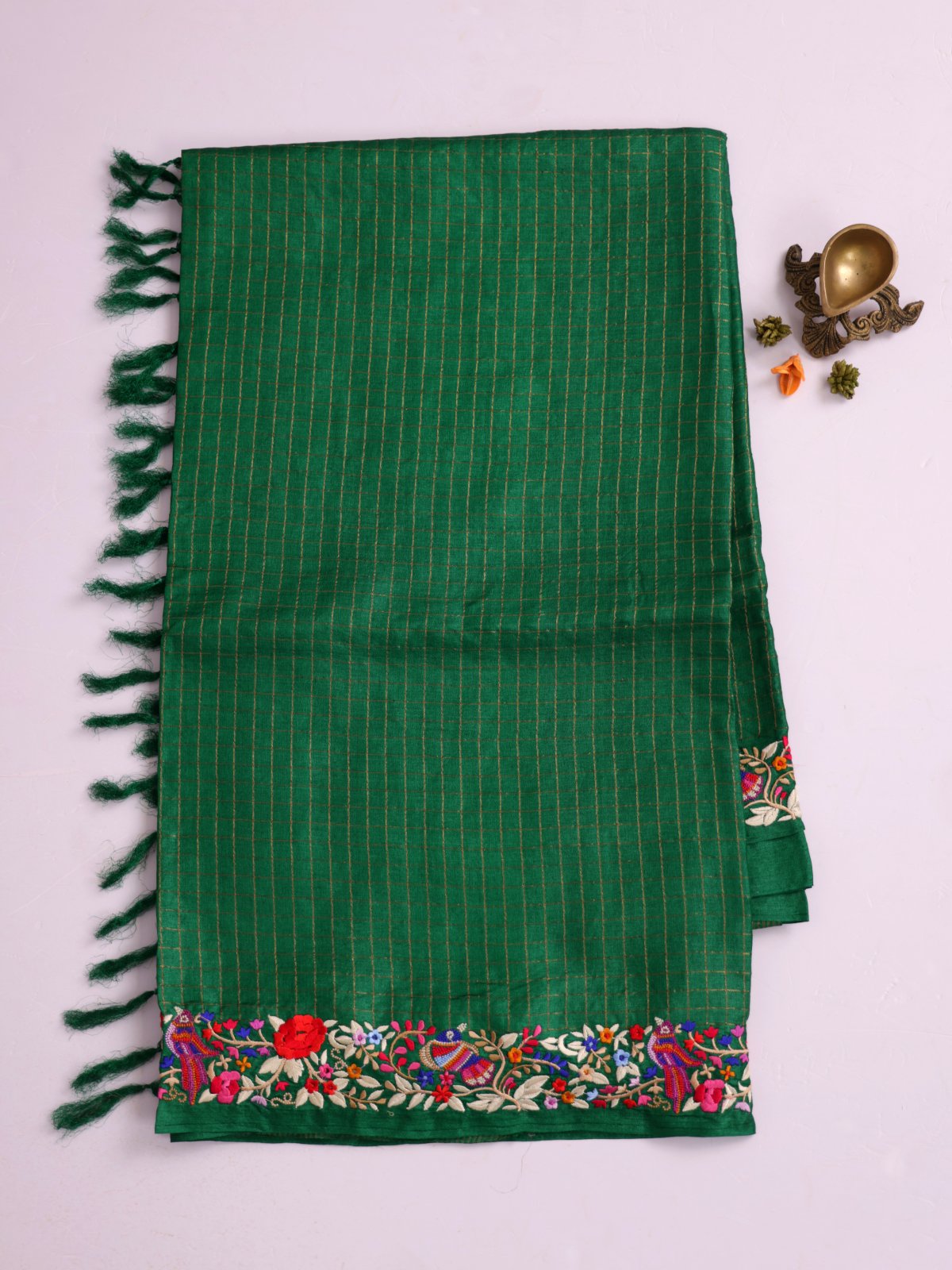 Green Zari Checked Tussar Silk Saree With Parsi Embroidered Border