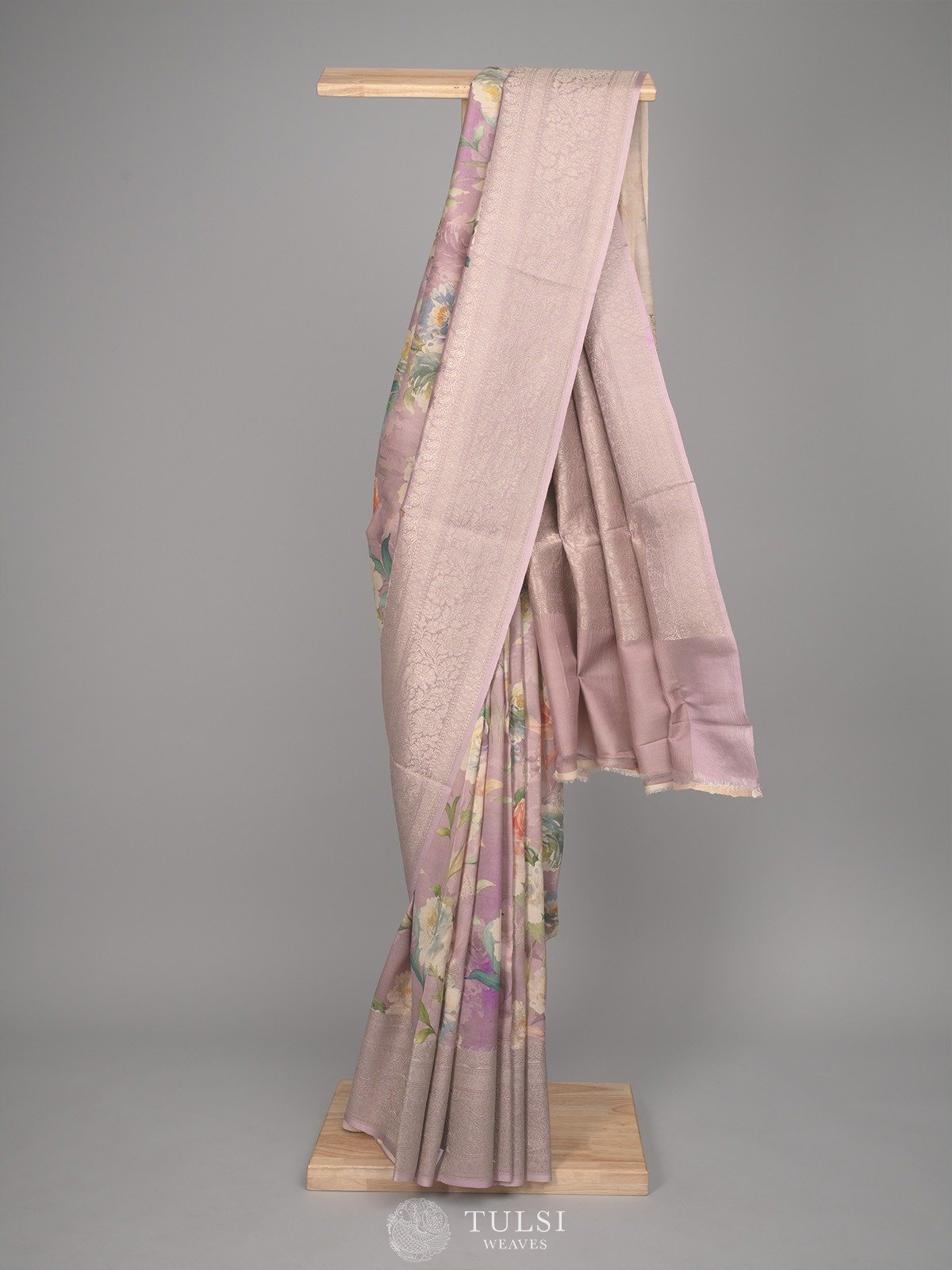 Light Lavender Tussar Silk Saree With Floral Prints