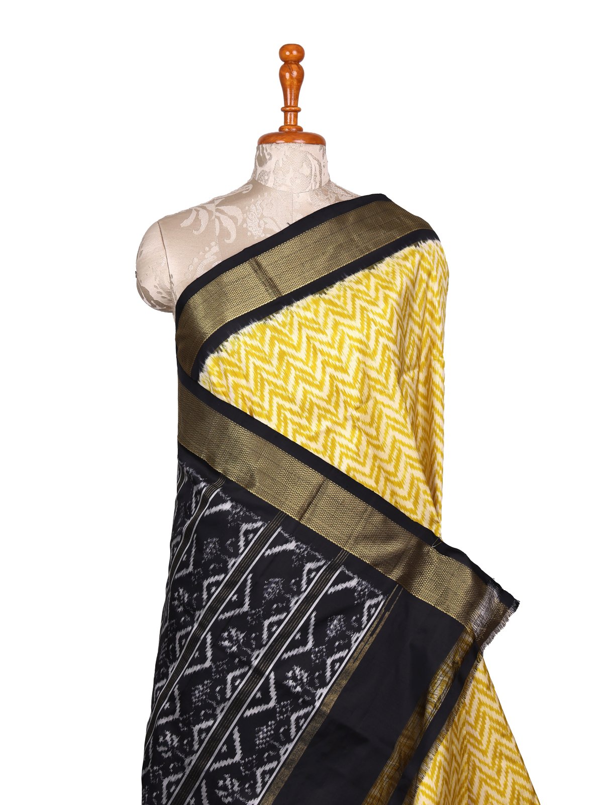 Light Yellowish Green Ikat Silk Saree with Black Border