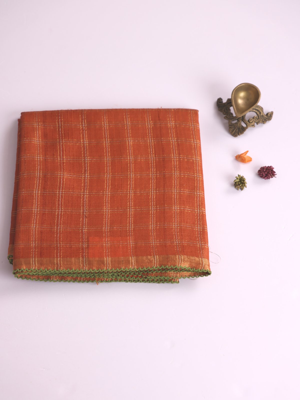 Rust Orange Zari Checked Tussar Silk Saree With Kalamkari Blouse