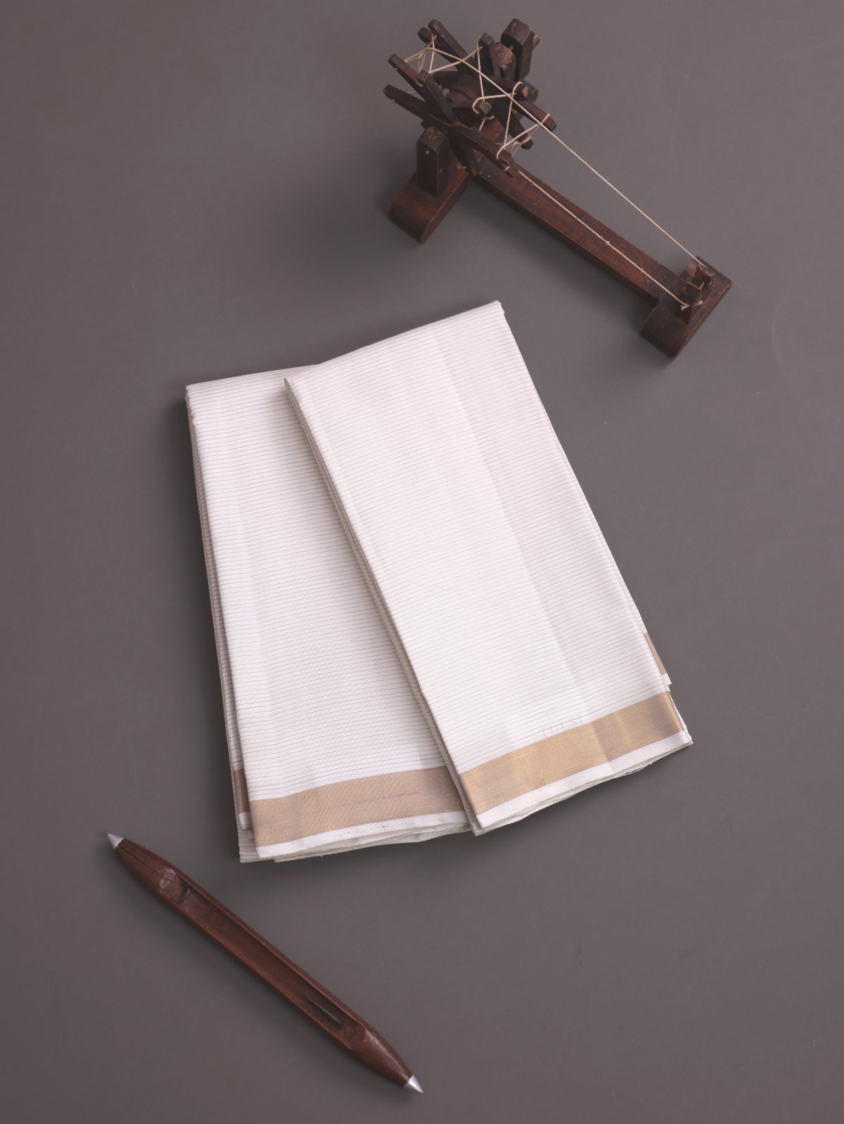 Off White Zari Striped Dhoti And Vasthram With Zari Border
