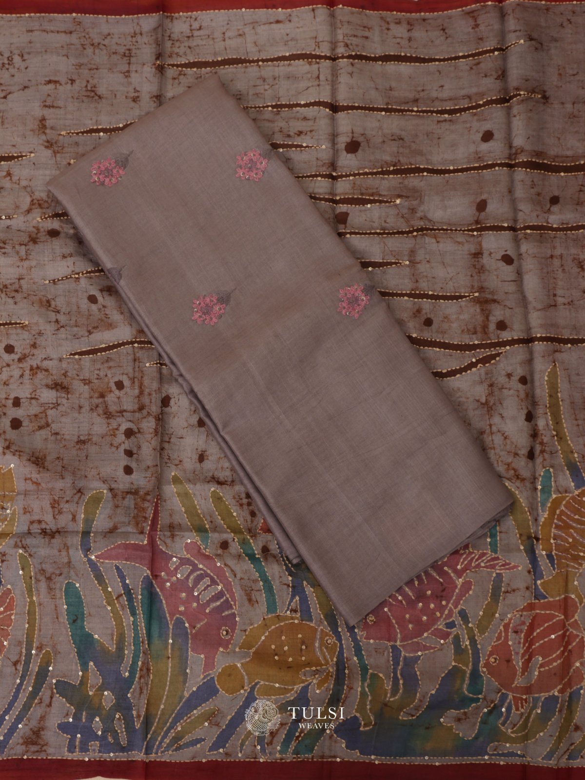 Grey Tussar Salwar Material With Batik Dupatta