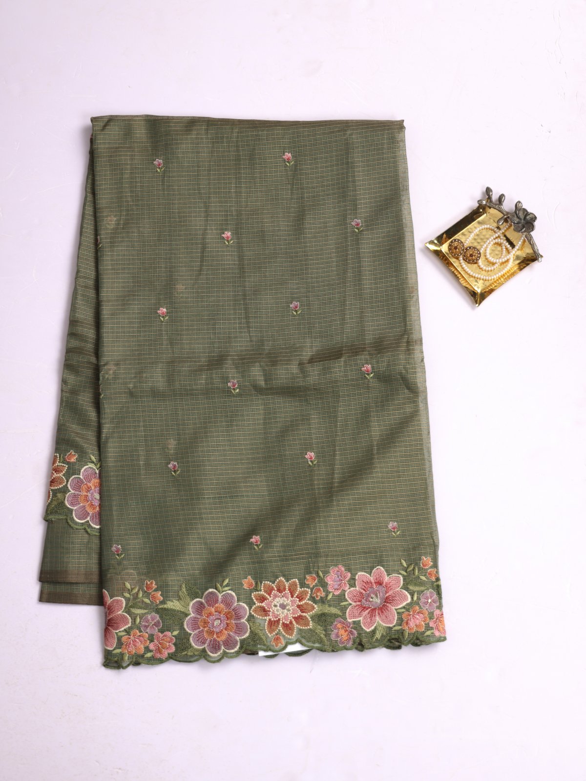 Sage Green Semi Kota Saree with Embroidery