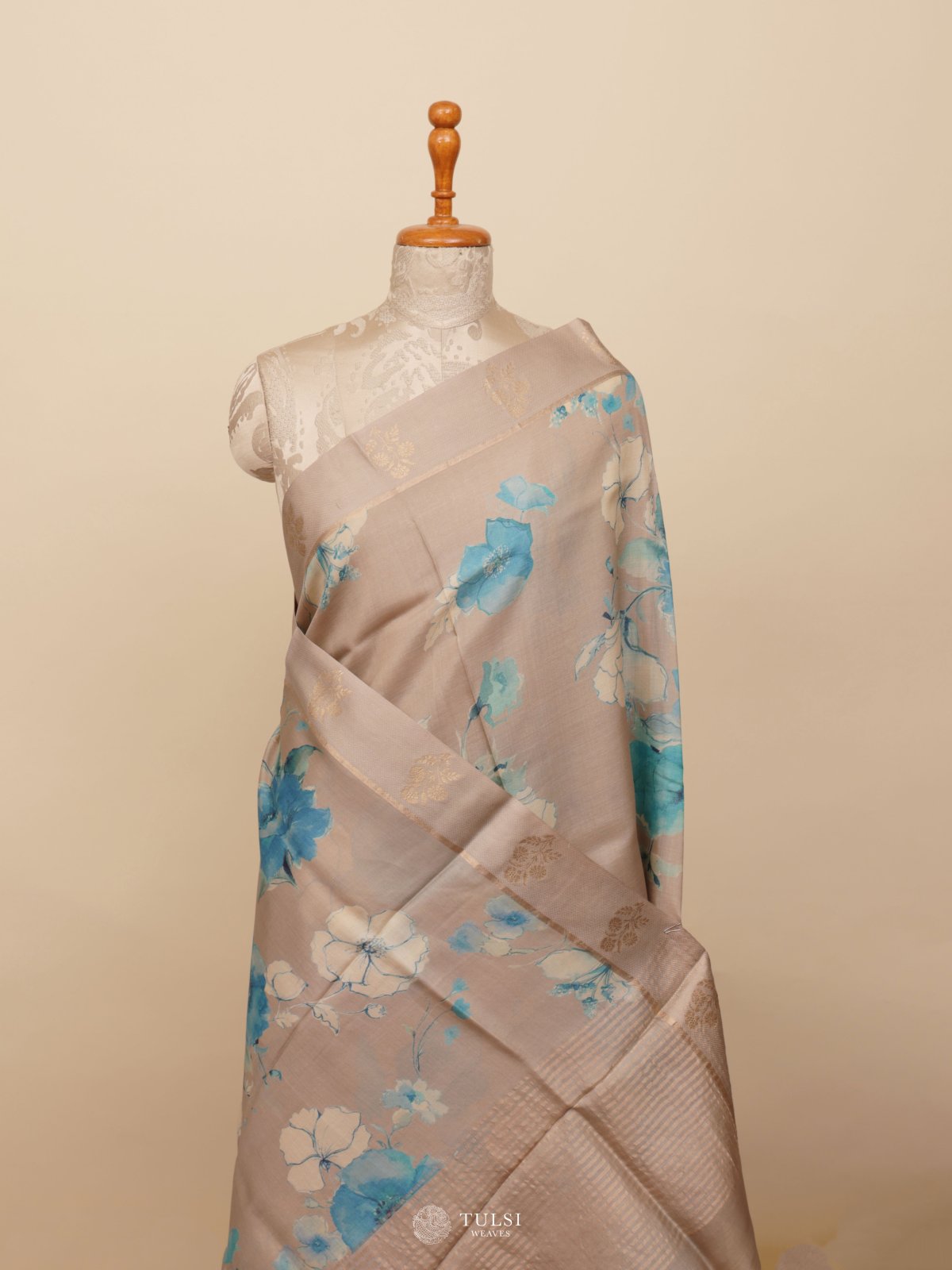 Grey Printed Tussar Silk Saree