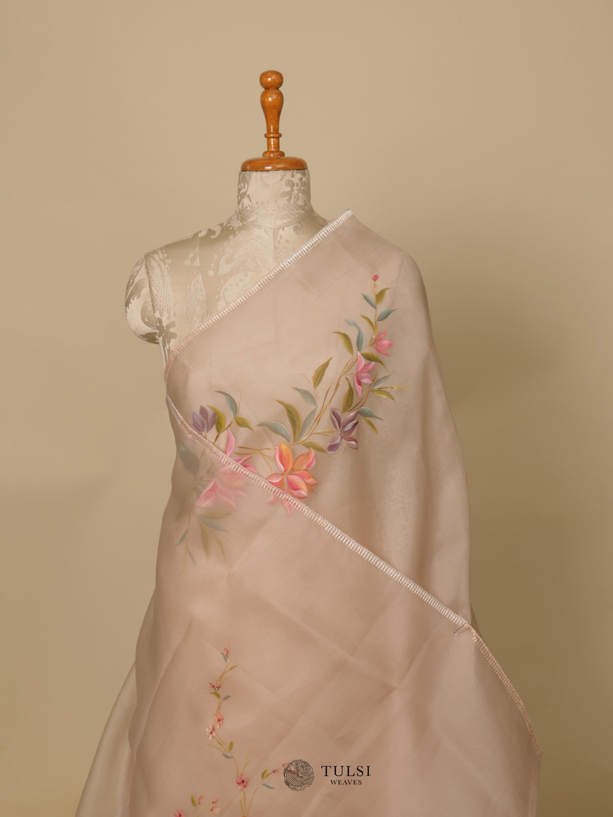 Light Beige Organza Hand Painted Saree