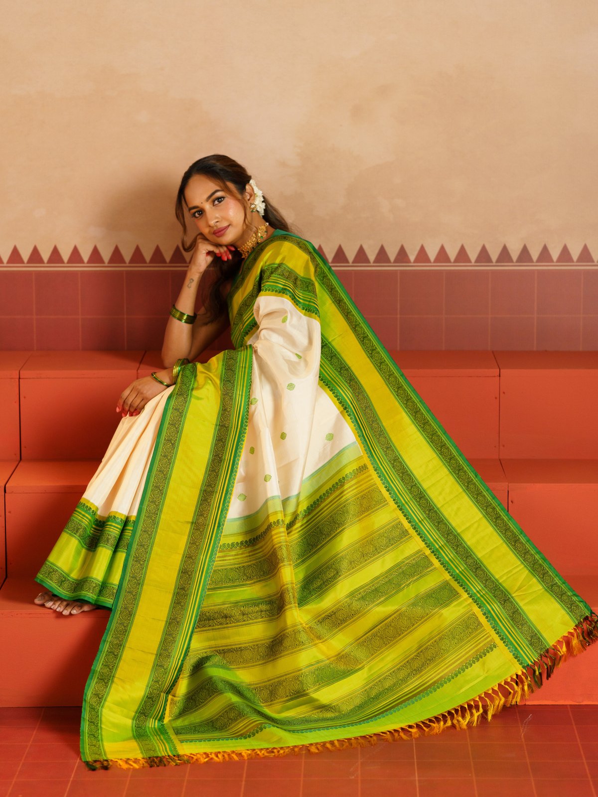 Crafted 19 - Off White Kanjeevaram Silk Saree With Yellowish Green Pattupettu Border
