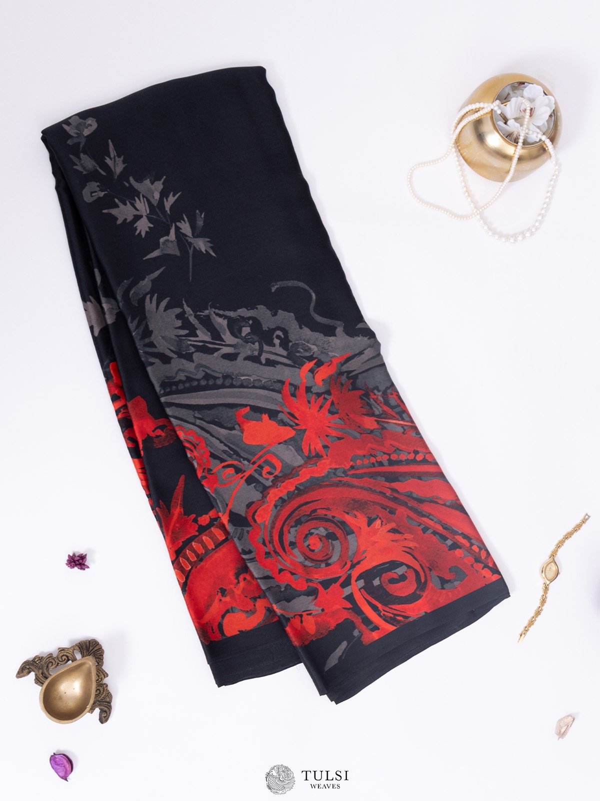 Black Satin Crepe Silk Saree With Floral Prints