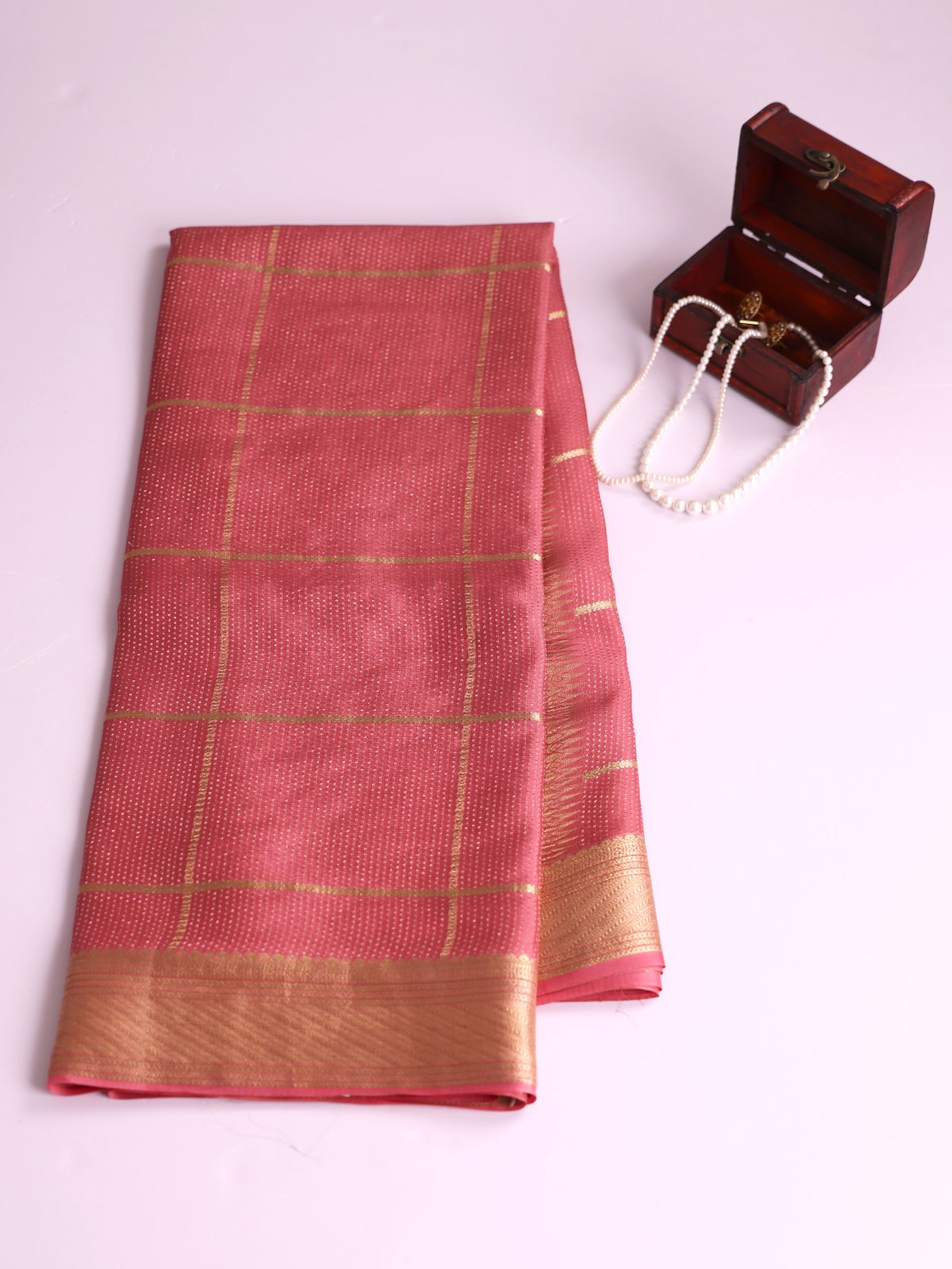 Peachy Pink Zari Checked Mysore Crepe Silk Saree