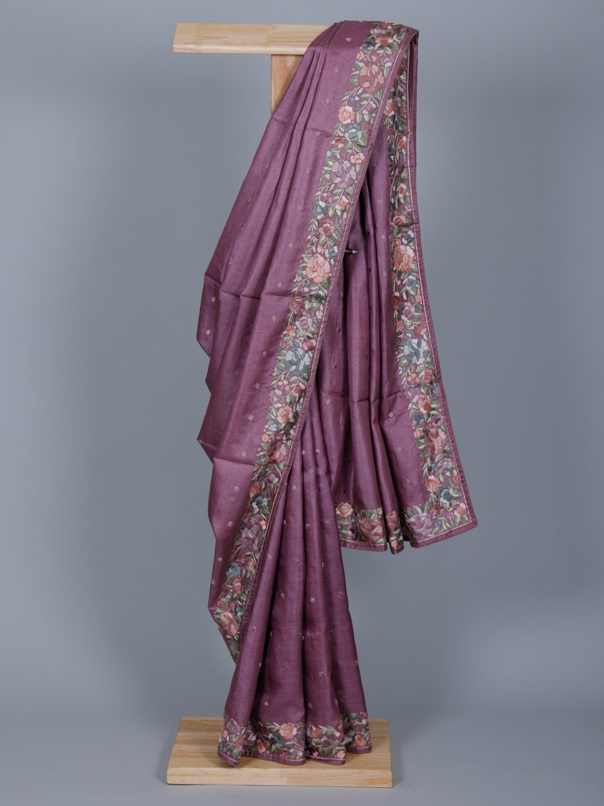 Pastel Lavender Tussar Silk Saree with Floral Embroidery Border