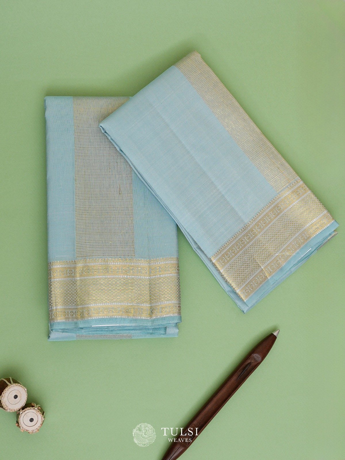 Light Blue Silk Dhoti and Vasthram With Gold Self Zari Border