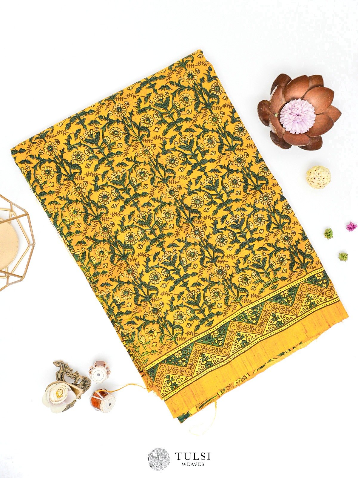 Yellow Ajrakh Raw Silk Saree 