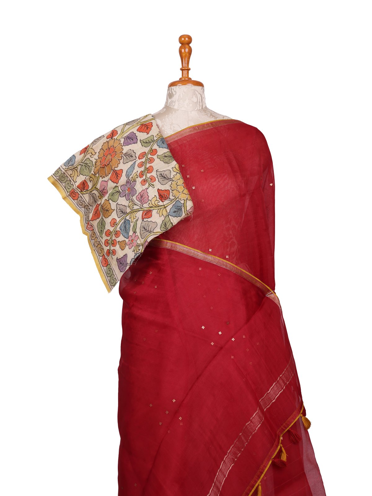Red Organza Silk Saree With Kalamkari Blouse