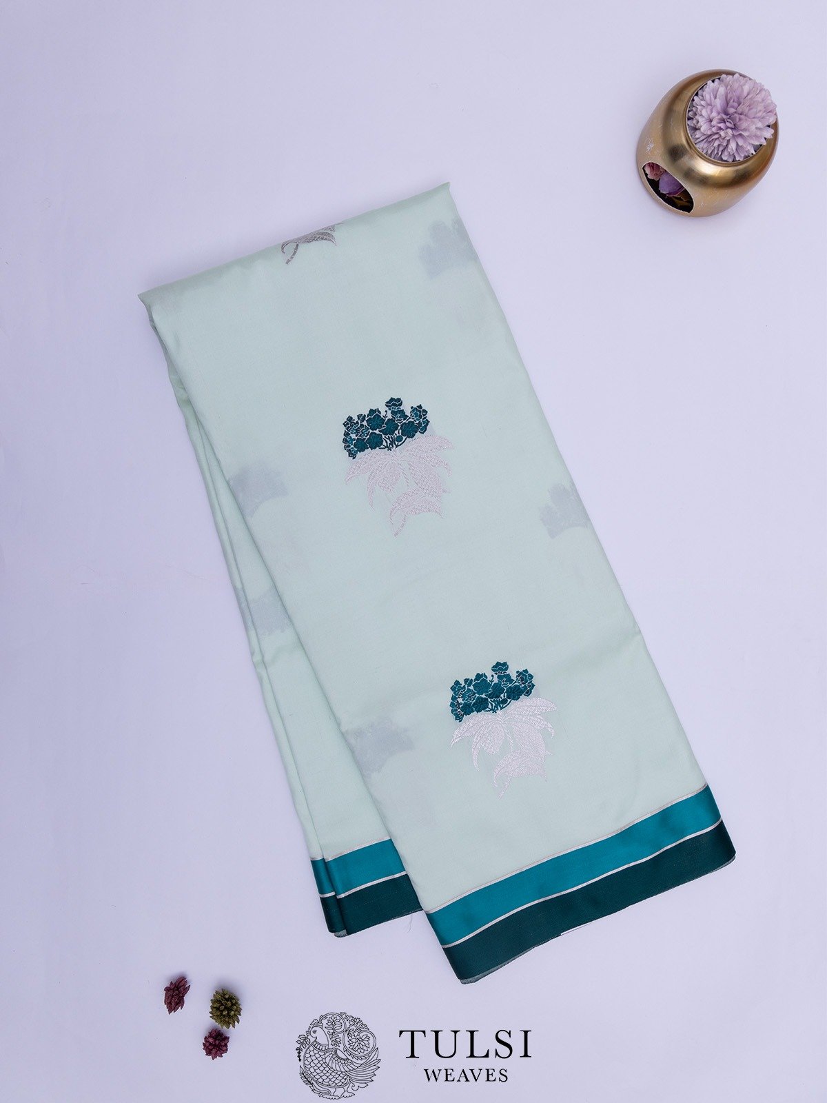 Mint Green Mashru Silk Saree With Contrast Striped Border