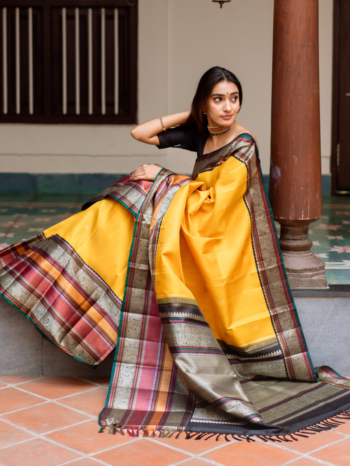 Yellow Kanjeevaram Silk Saree With Multi-Colour Border