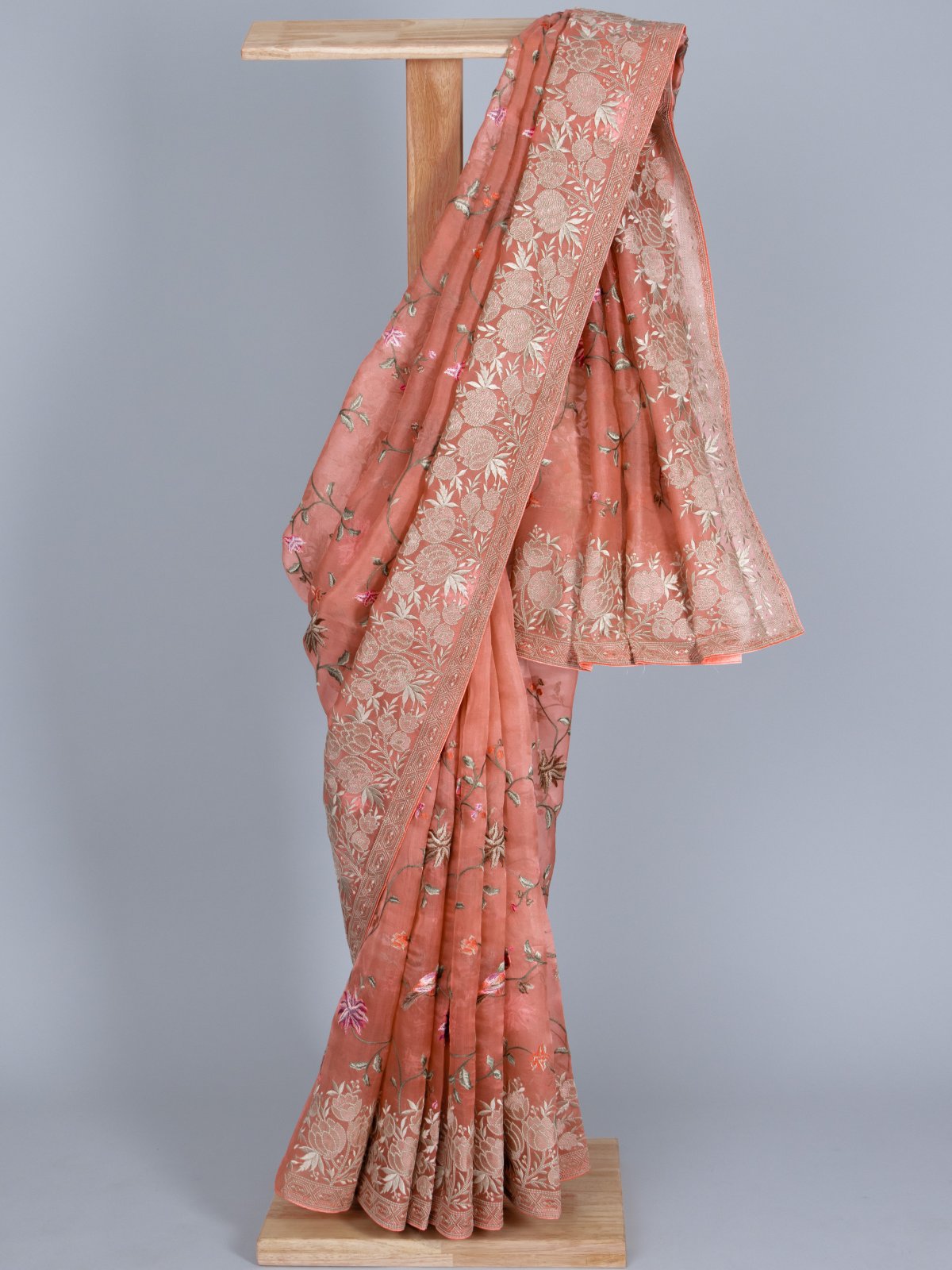 Light Orange Organza Saree With Embroidered Border