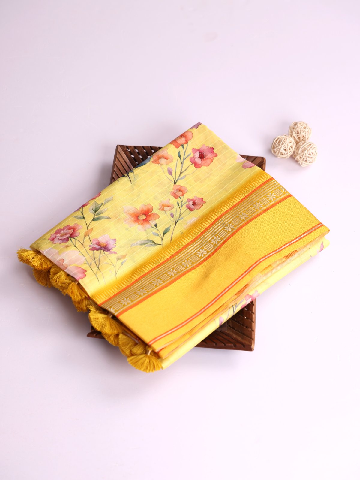 Yellow Printed Chanderi Cotton Saree With Vidarbha Border