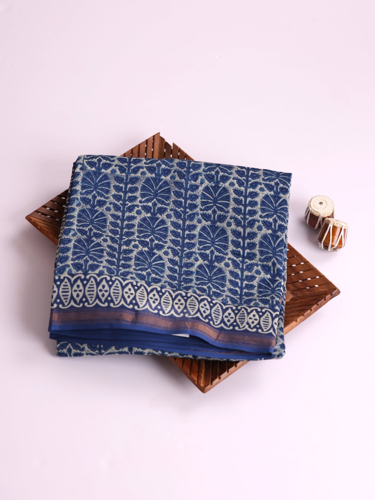 Greige Printed Chanderi Cotton Saree With Indigo Zari Border