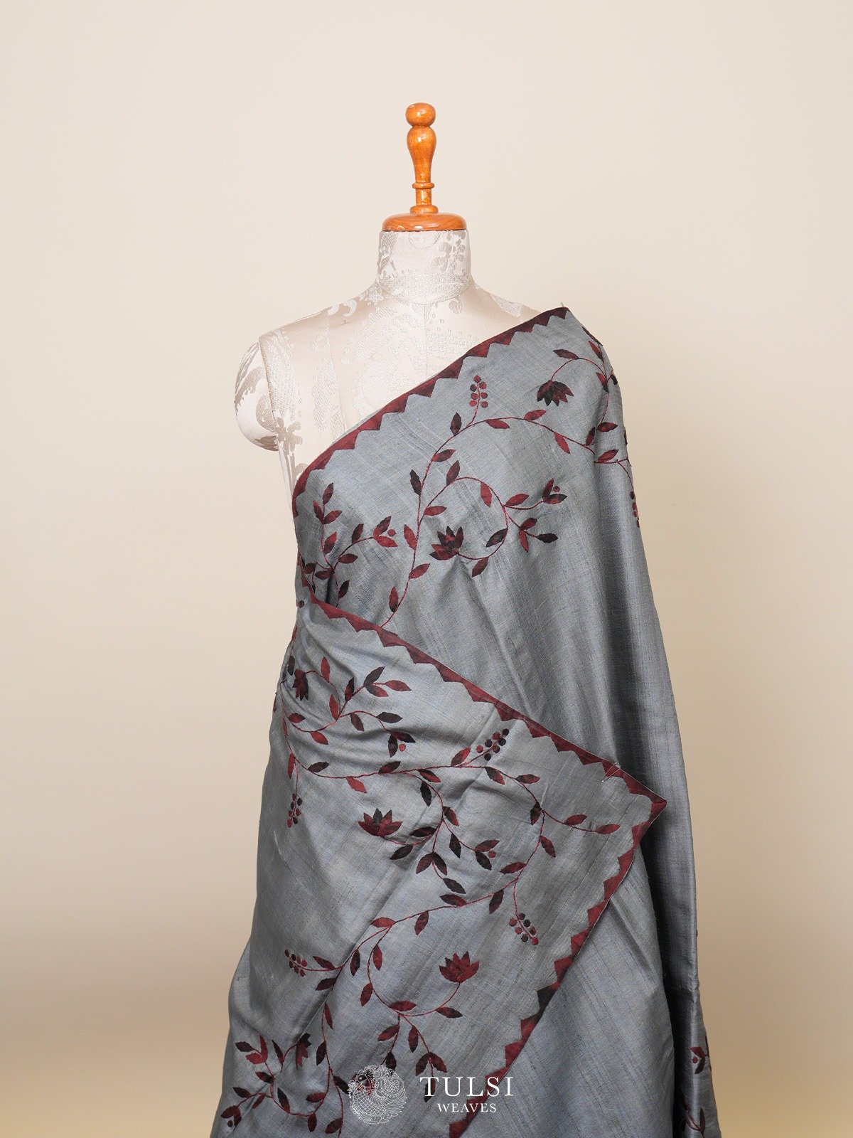 Grey Tussar Silk Saree with Applique Work