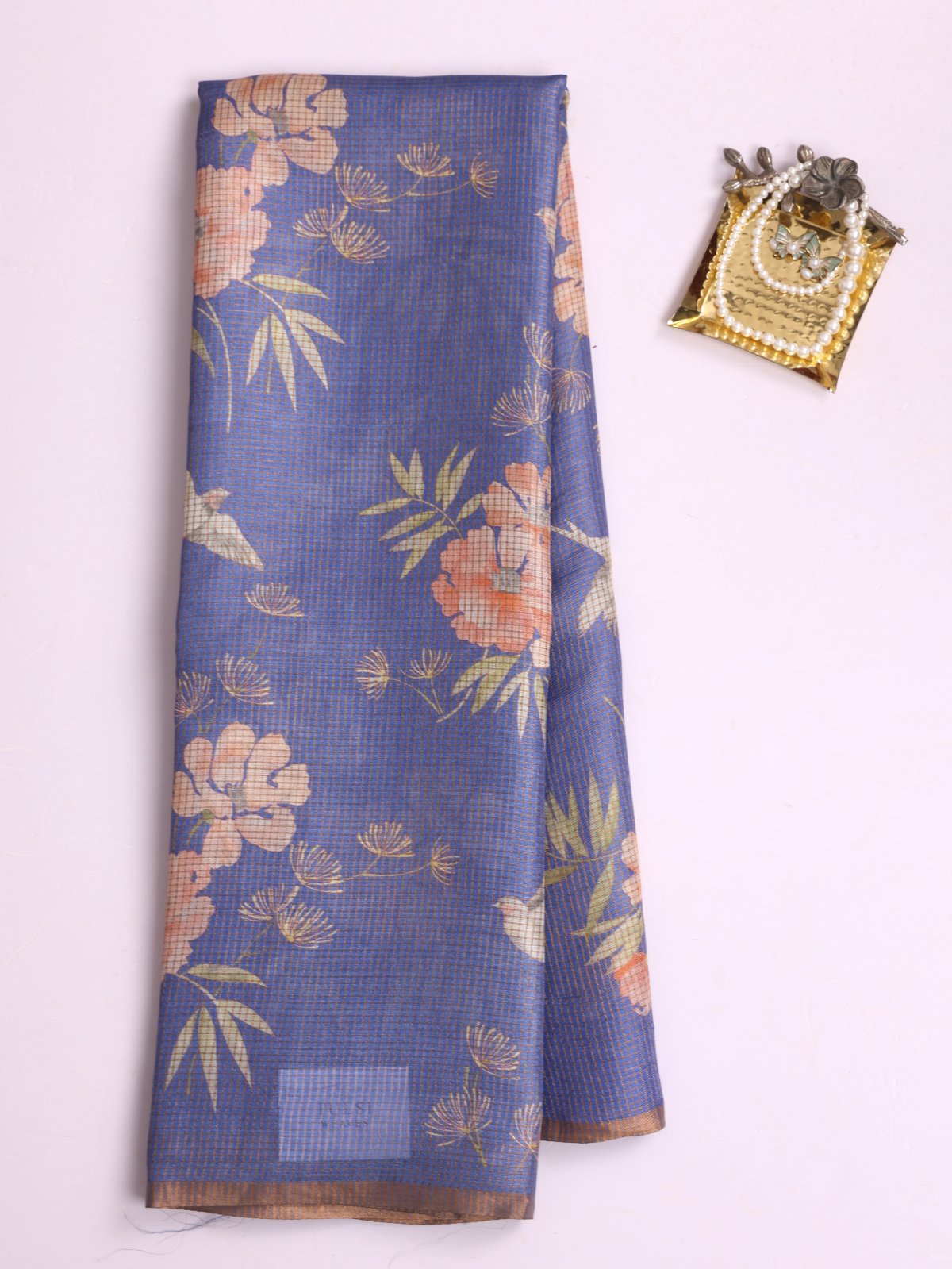 Light Purplish Blue Zari Checked Printed Tussar Silk Saree
