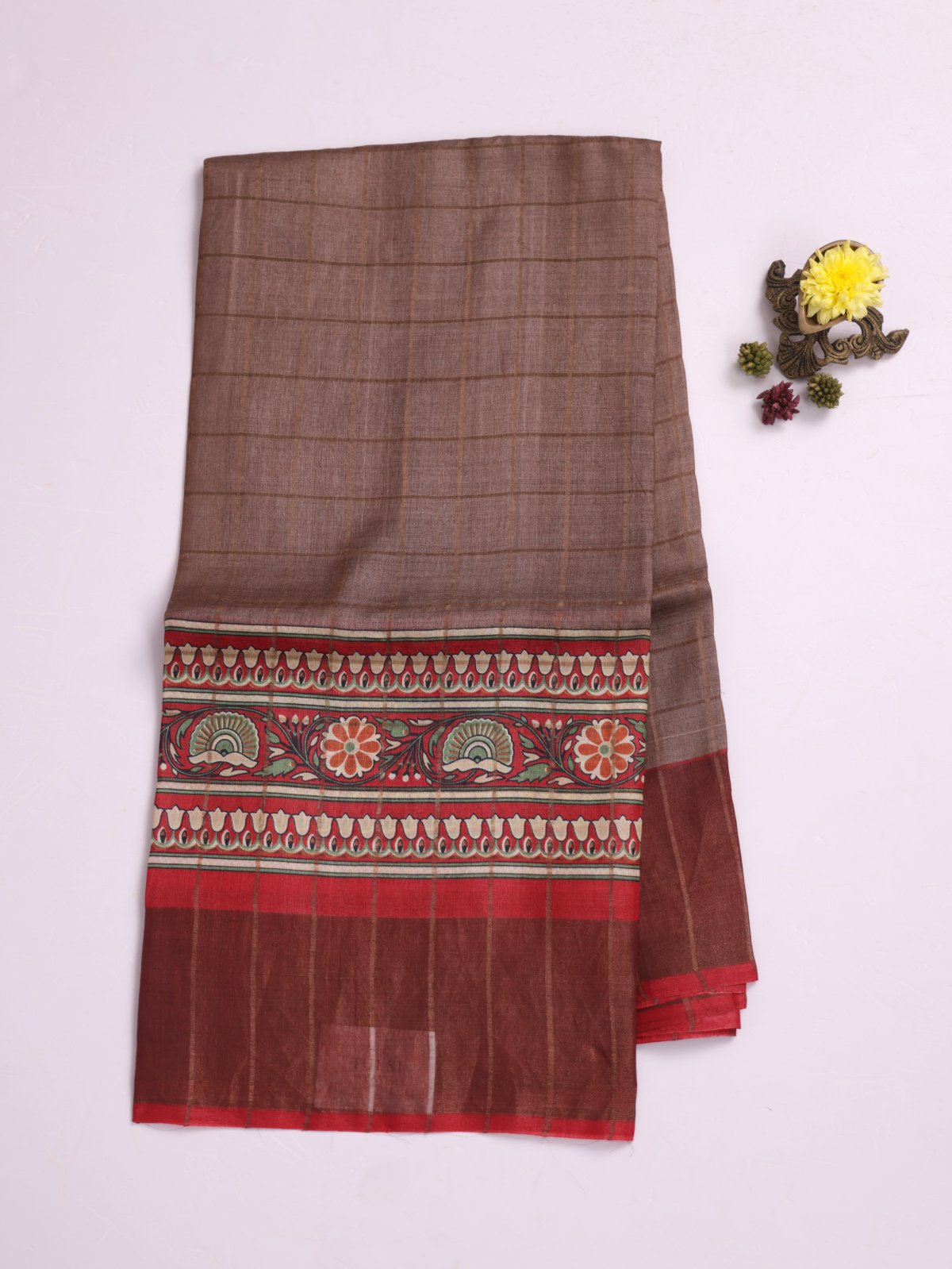 Brown Zari Checked Tussar Silk Saree With Red Printed Border